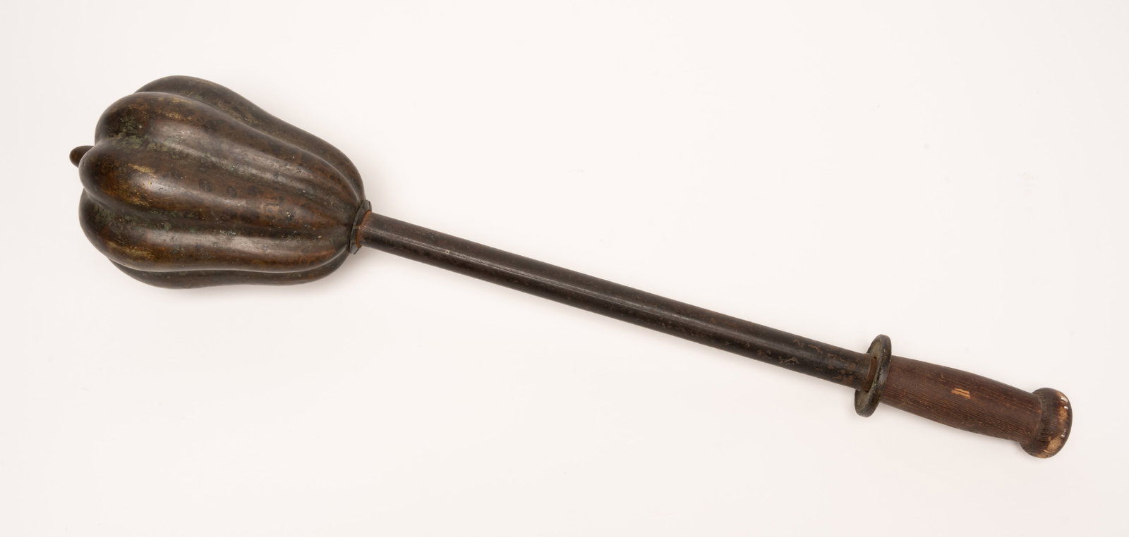 Chinese Ming Dynasty Bronze Iron & Wood War Mace: "Ming Dynasty Bronze And Iron Chuí War Mace Circa 1368 – 1644 CE Featuring a Segmented Lobed Bronze Head Surmounted by Short Spike Mounted on Iron Shaft with Disc Guard and Wooden GripThis Weapon