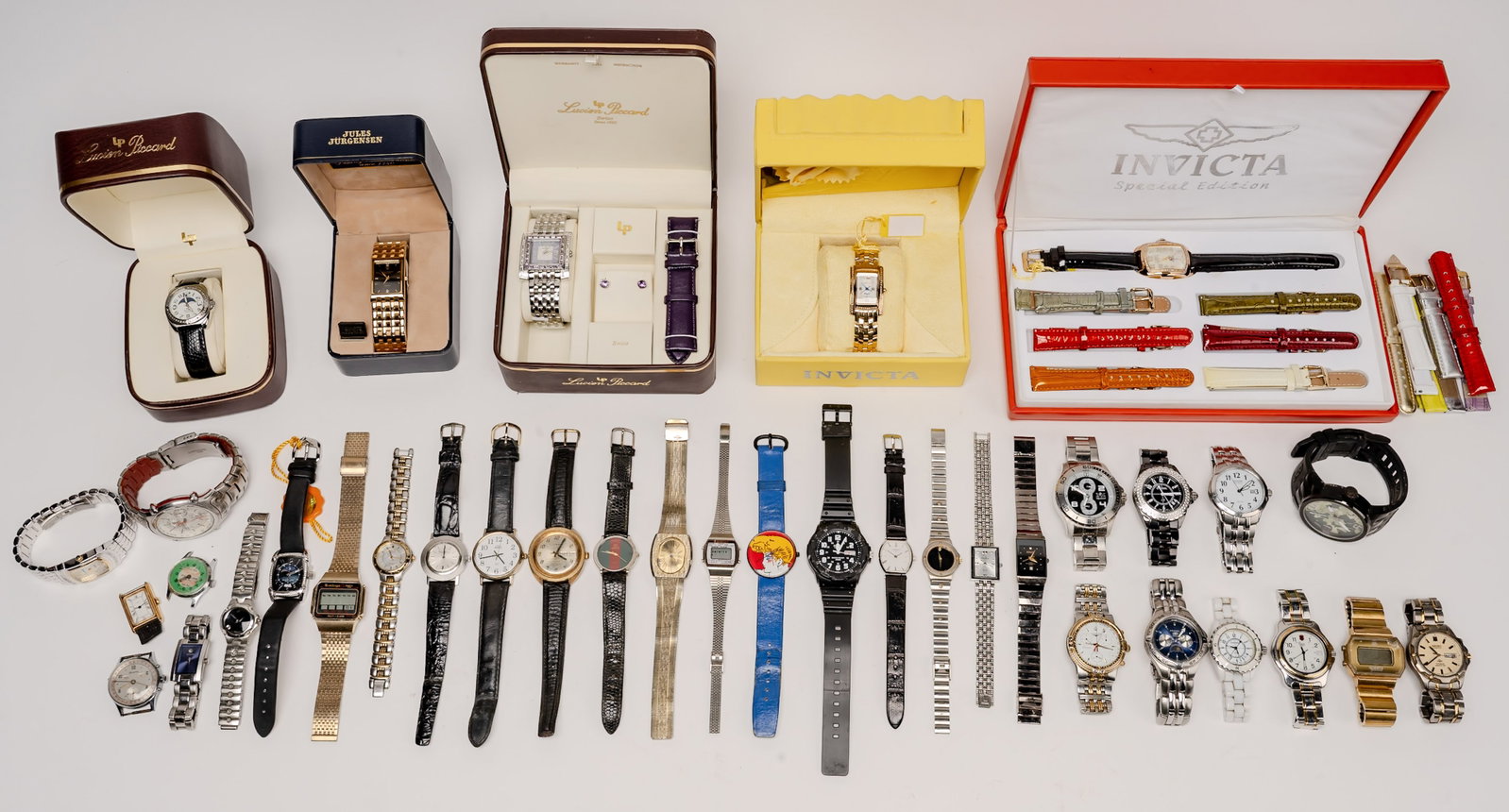 Wristwatch Collection Peter Max Longine Invicta Sapphire Glass: Wrist Watch Collection Grouping Group Lot Peter Max Longines Invicta Lucien Piccard Sapphire Glass etc Wristwatches Vintage Modern Sport Casual Dress Leather and Stainless Steel Ceramic Band
