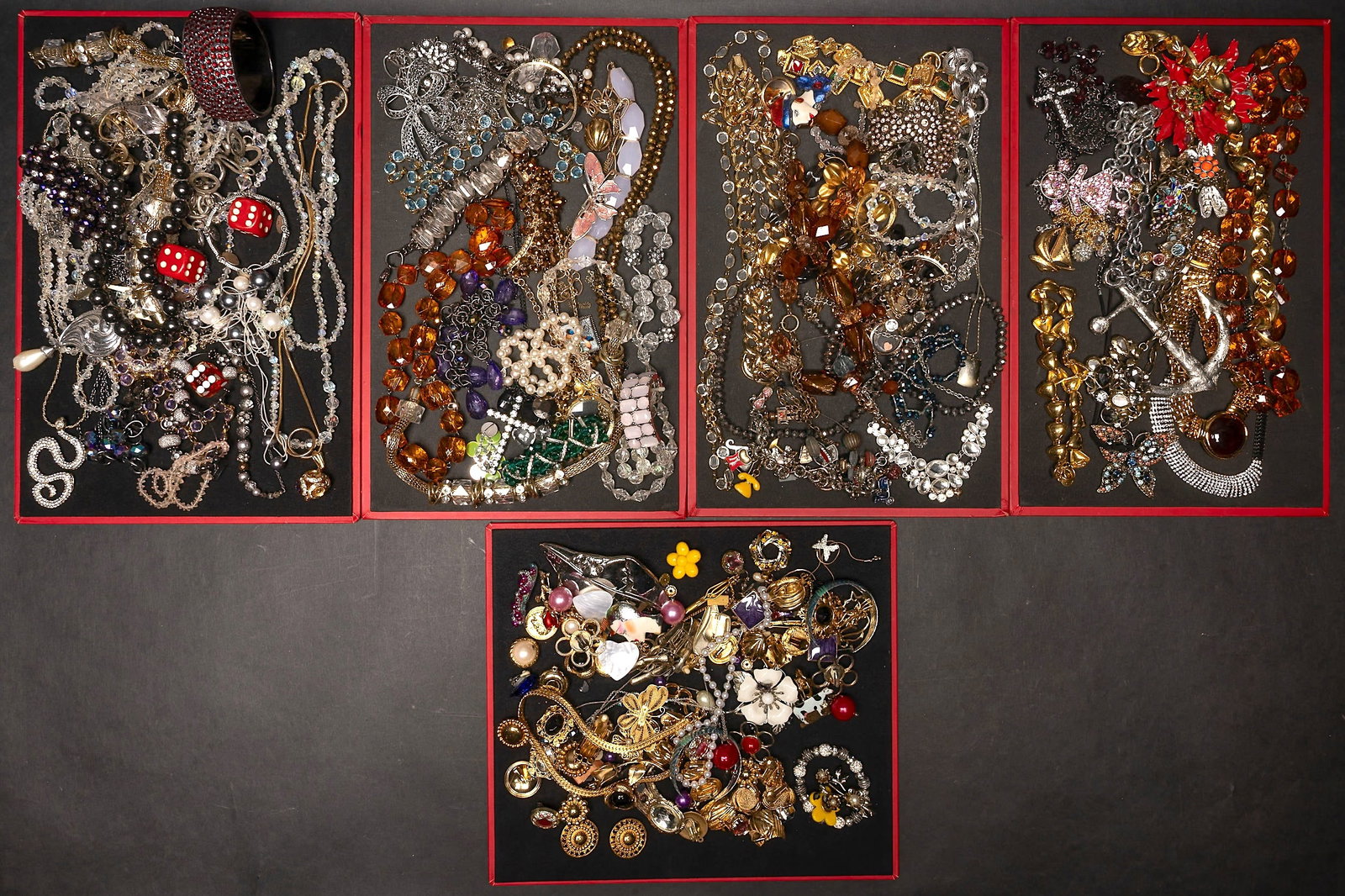 Large Unsearched Costume Jewelry Collection: Large Costume Jewelry Unsearched Lot May Comprising Necklaces Bracelets Bangles Rings Pins Brooches Earrings Cufflinks Women's Costume etc Some Items May Need Repair While Some Will Not We Cannot Answ