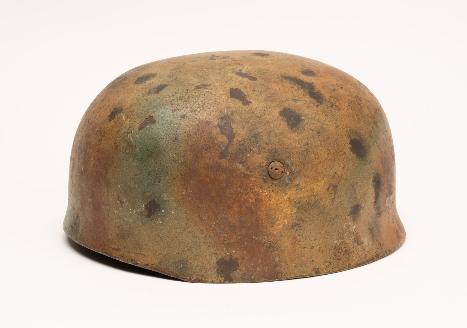 WWII German M38 Fallschirmjäger Camouflage Steel Paratrooper Helmet Complete: WWII Germany M38 Fallschirmjäger Steel Paratrooper Helmet with Shell Stamp CKL71 and Heat Lot Number 892 Retains a Three-Color Camouflage Finish with Tan Green and Dark Spot Patterning Across the Ext