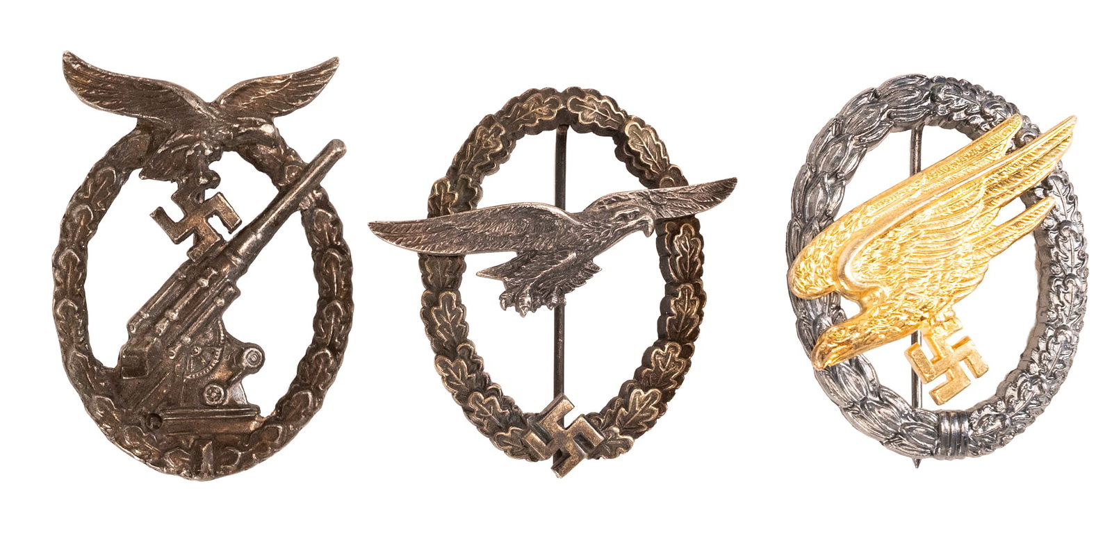WWII Nazi German Luftwaffe Air Force Badge Collection CE Junker GH Osang: WWII Luftwaffe Badge Collection Including 1X Flak Artillery Badge by C E Junker Berlin SW Featuring a Flak 88 Beneath a Flying Eagle within an Oak Leaf Wreath Reverse Marked C E JUNKER BERLIN SW Two P