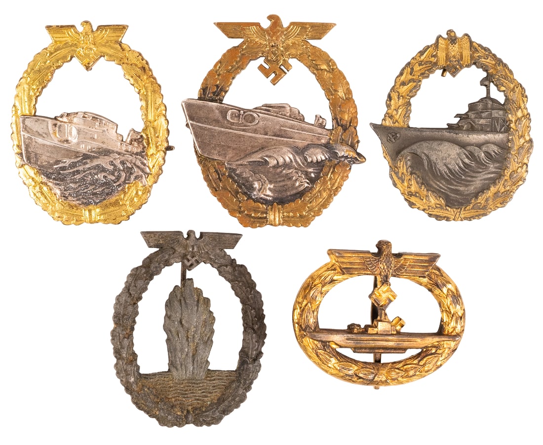 WWII Nazi German Army Naval Kriegsmarine Badge Order Medal Collection: WWII Kriegsmarine Naval Badge Collection Including 1X 1St Model E Boat Badge by Schwerin Marked Schwerin Berlin 68 Measuring 1X 2Nd Model E Boat Badge by Schwerin Marked FEC W E PEEKHAUS BERLIN AUSF S