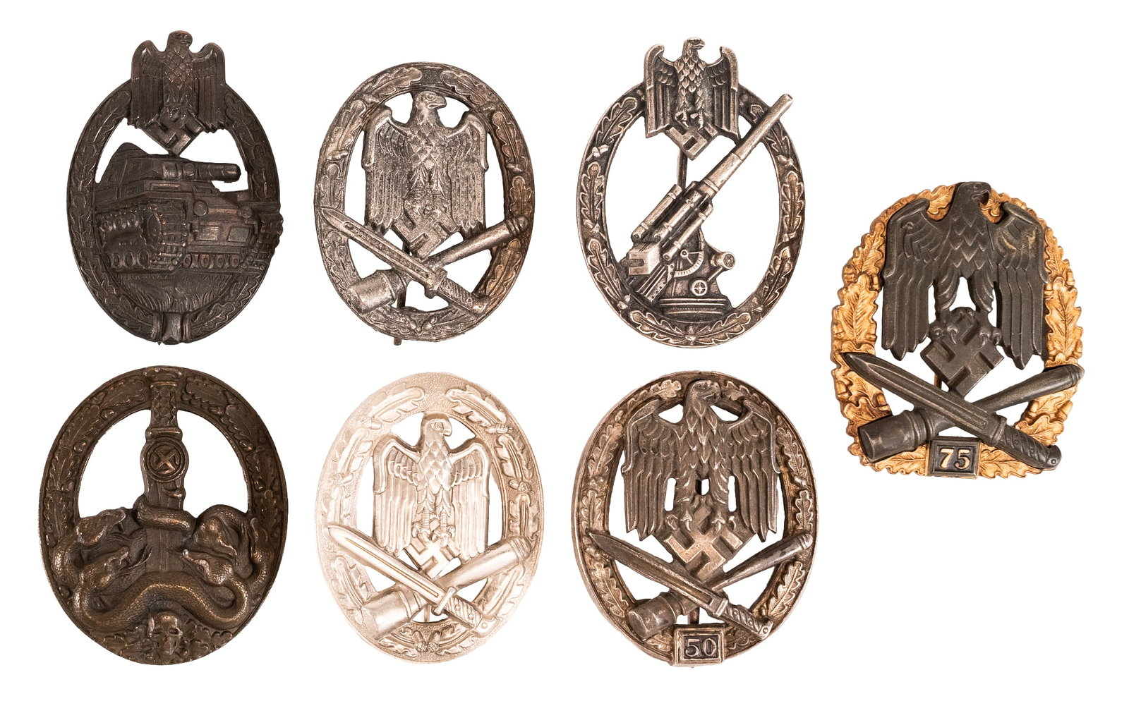 WWII German Wermacht Army Order Badge Medal Collection: WWII German Army Badge and Award Collection Including (1X) 75 General Assault Badge with "75" Plaque Approximately 225" L X 1875" W; (1X) HEER Silver General Assault Badge Marked "FRANK & REIF STUTTGA
