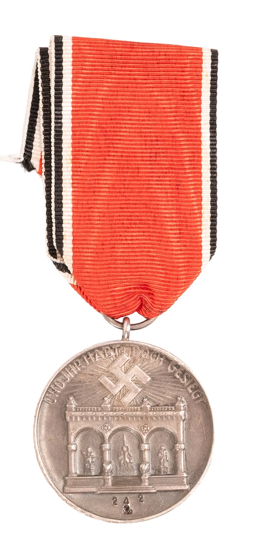 WWII German Third Reich Blood Order Decoration: WWII German Blood Order Decoration Stamped "800" for Silver Content and "242" for the Recipient Award Number Obverse Depicts the Feldherrnhalle in Munchen with Swastika and Inscription "Und Jhr Habt D