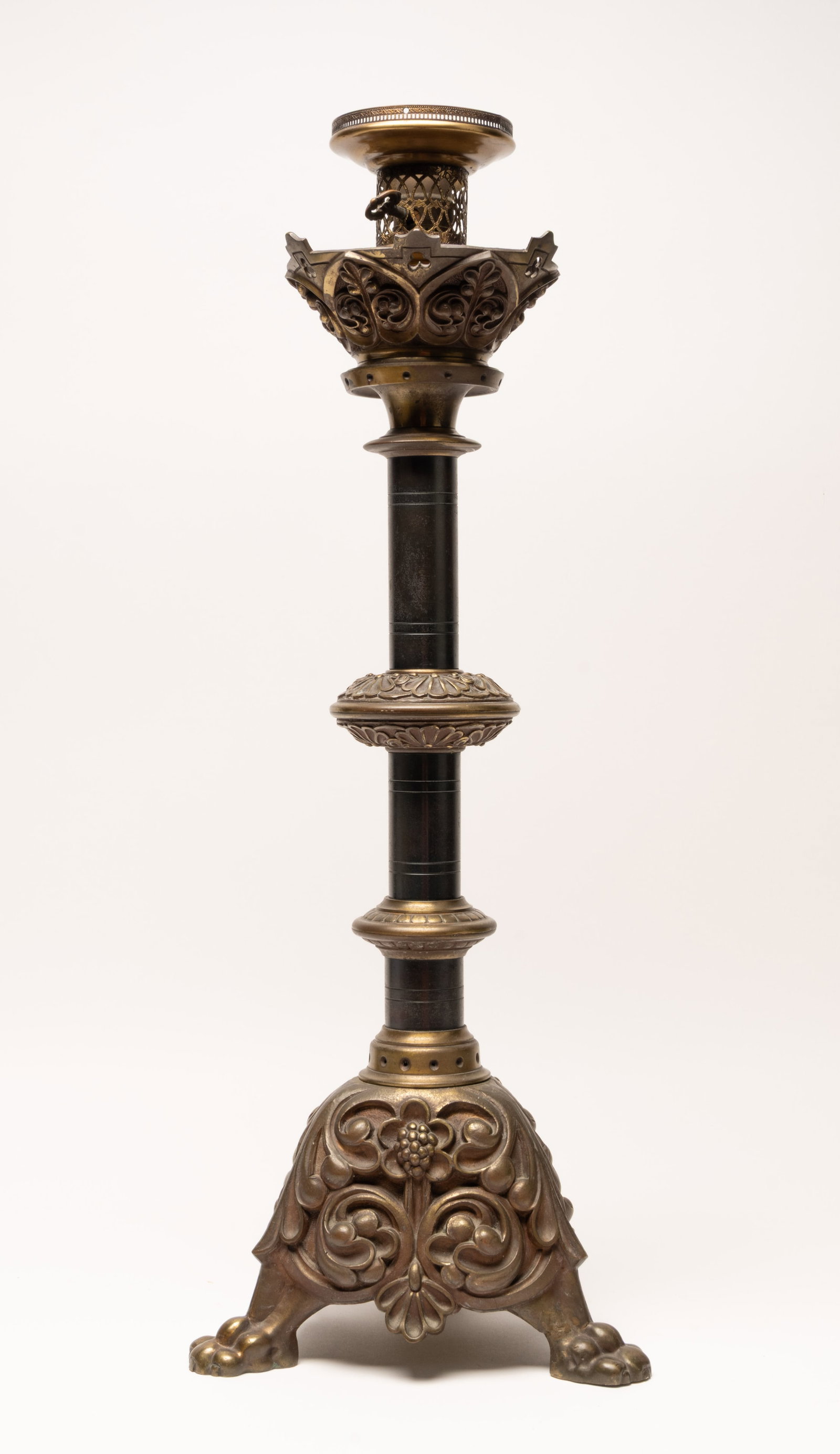 Gothic Revival Brass Torchiere Lamp Base w/ Lion Paw Feet and Pierced Gallery Fitter (1 of 8)