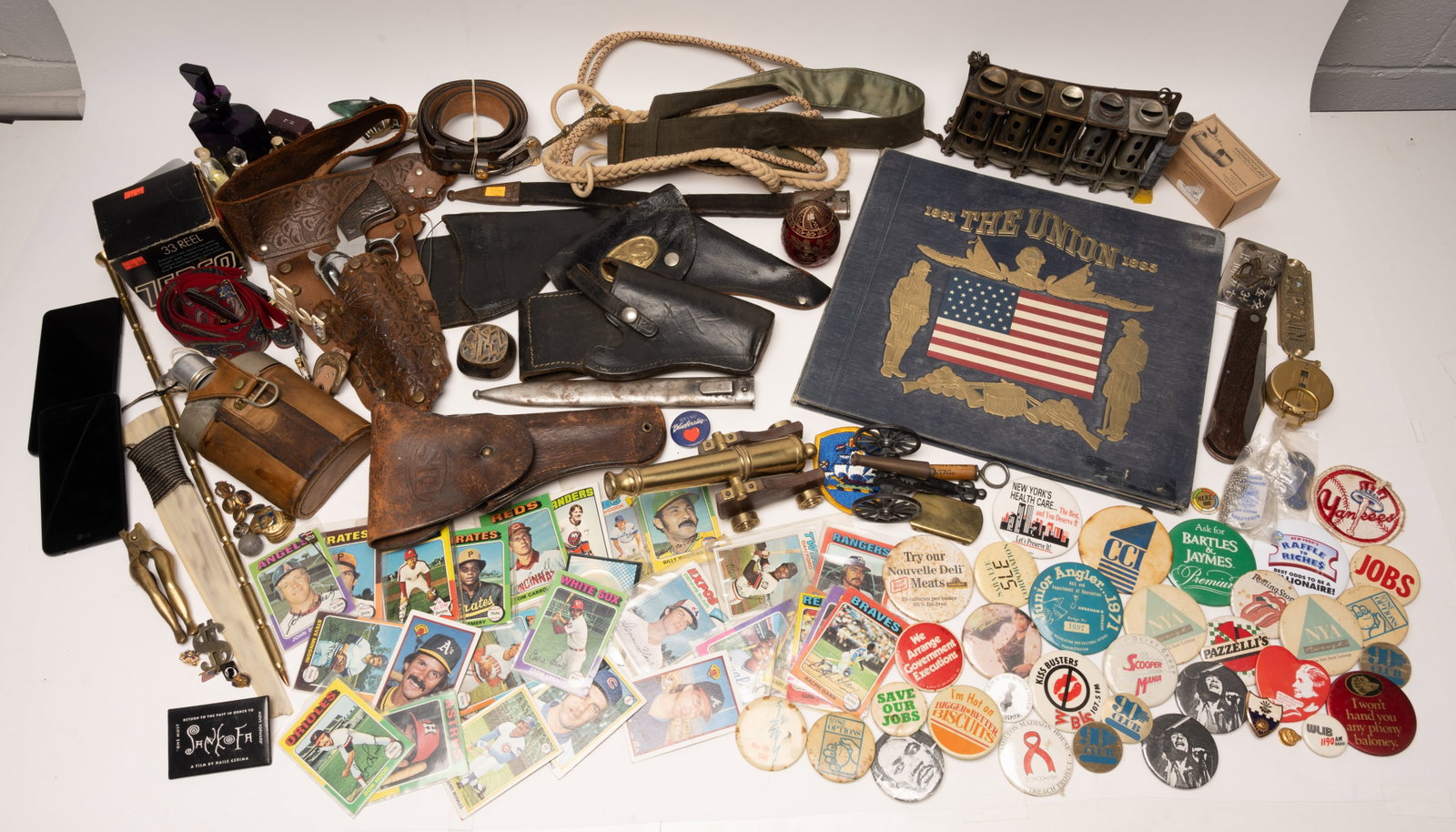 Grandpa Gentlemen Junk Drawer Dresser Collection Militaria Toys Buttons etc: Eclectic Treasure Trove of Found Memories Including Items Such as Roy Rogers Cap Gun and Leather Holster Johnson Fare Box Brass Miniature Cannon Unsearched Baseball Cards Military/Police Holsters Mari