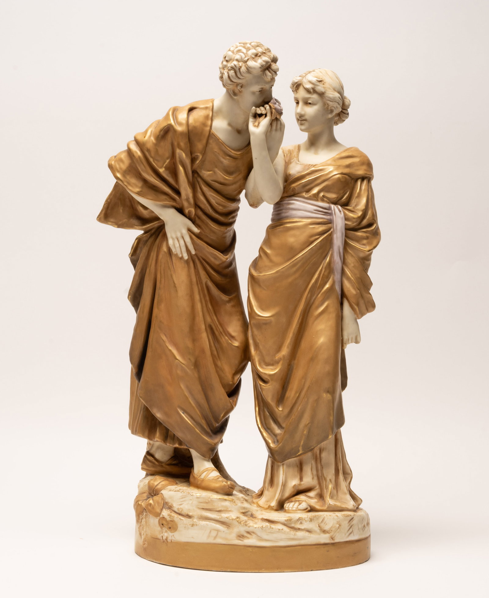 Bohemian Royal Dux Art Nouveau Porcelain Sculpture of Two Lovers: Early 20th Century Century Royal Dux Duxer Porzellanmanufaktur Bohemia Czechoslovakia " the Lovers " # 1983 Porcelain Figural Porcelain Group Depicting Courting Scene - Two Lovers Clad in Classical Gr