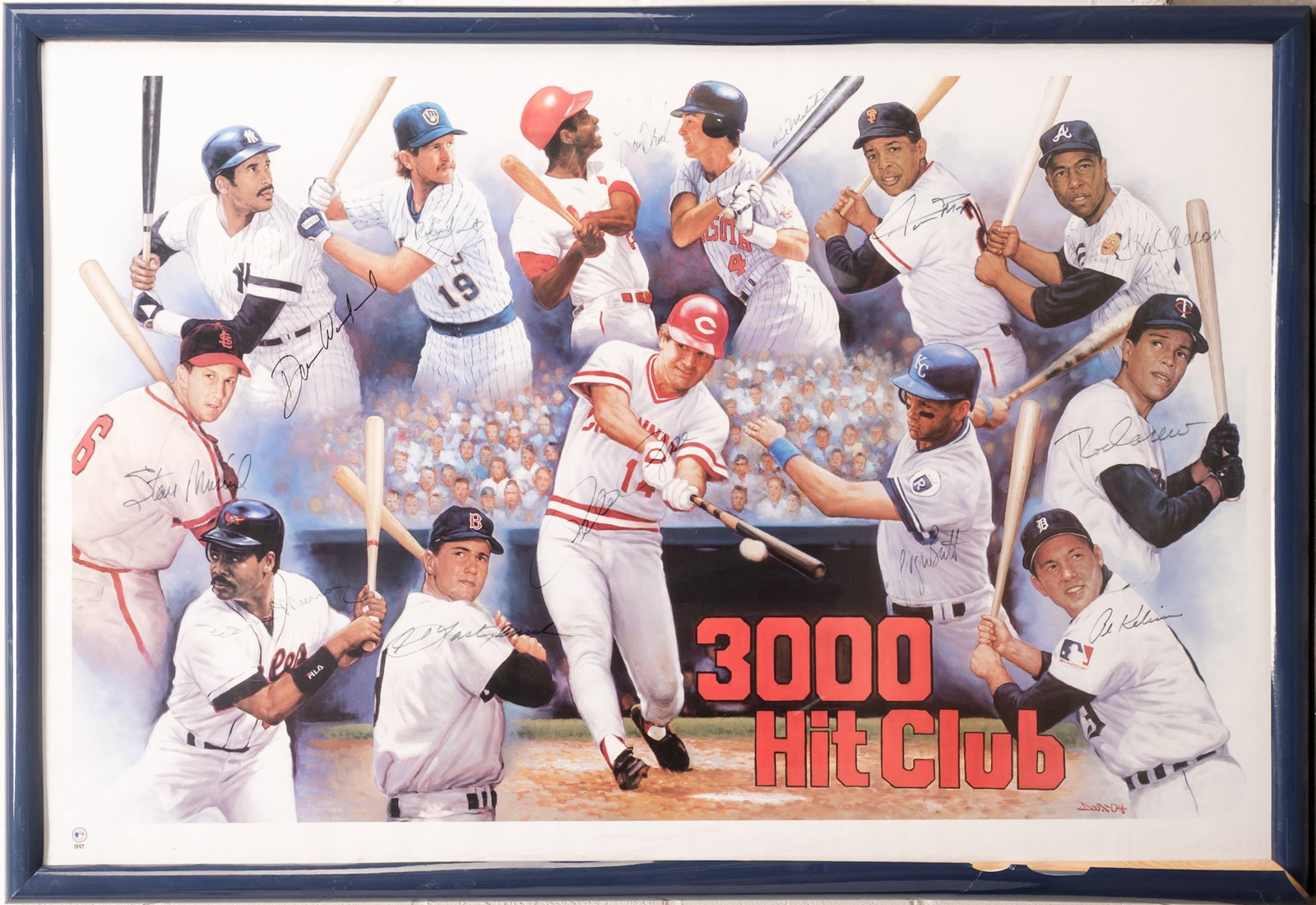 MLB Ron Lewis 3,000 Hit Club 13 Signature Autographed Baseball Poster w/ COA: Ron Lewis 3000 Hit Club Baseball Poster Hand-Signed by 13 Major League Players Including Hank Aaron Willie Mays Stan Musial Pete Rose Carl Yastrzemski Rod Carew Al Kaline George Brett Robin Yount