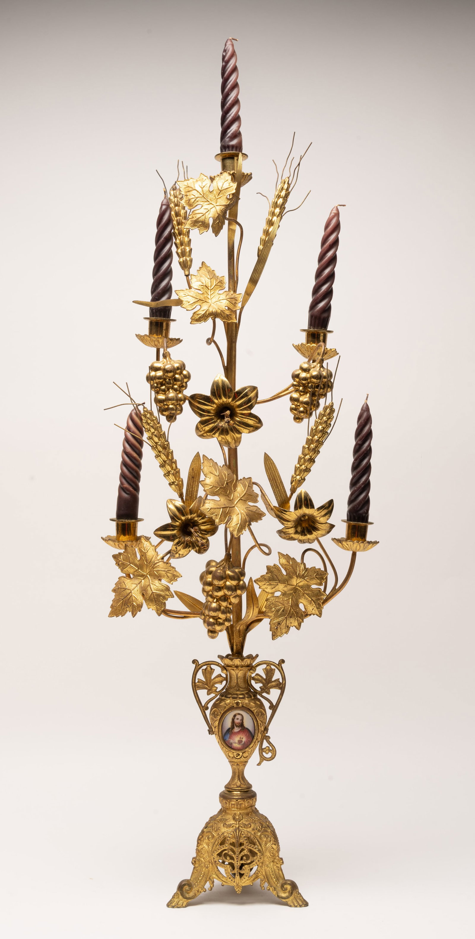 19th c. French Gilt Bronze Altar Candelabra: 19Th Century France Gilt Bronze Altar Five Light Candelabrum Richly Executed in the Ecclesiastical Tradition and Symbolically Decorated with Wheat Sheaves Grapes Grape Leaves and Lily Blossoms Emblems