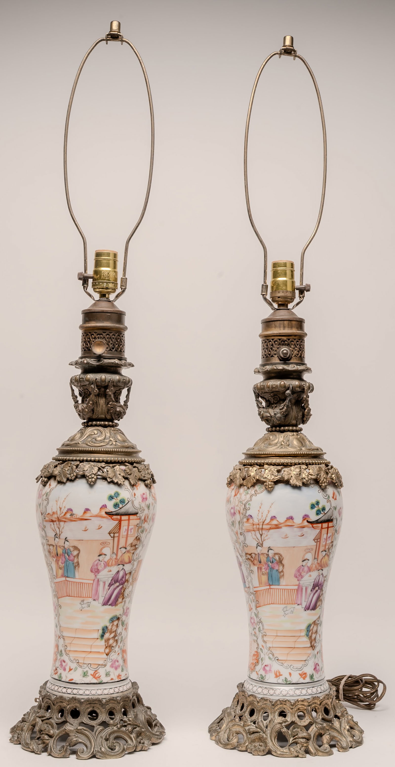 Chinese Famille Rose Baluster Vase Lamp Pair w/ Gagneau Gilt Bronze Ormolu Mounts: Chinese Famille Rose Baluster Vase Lamps with Maison Gagneau Paris Ormolu Mounts Go?t Chinois Aesthetic Hand Painted in the Vibrant Canton Famille Rose Palette Each Finely Decorated with Elegant Court