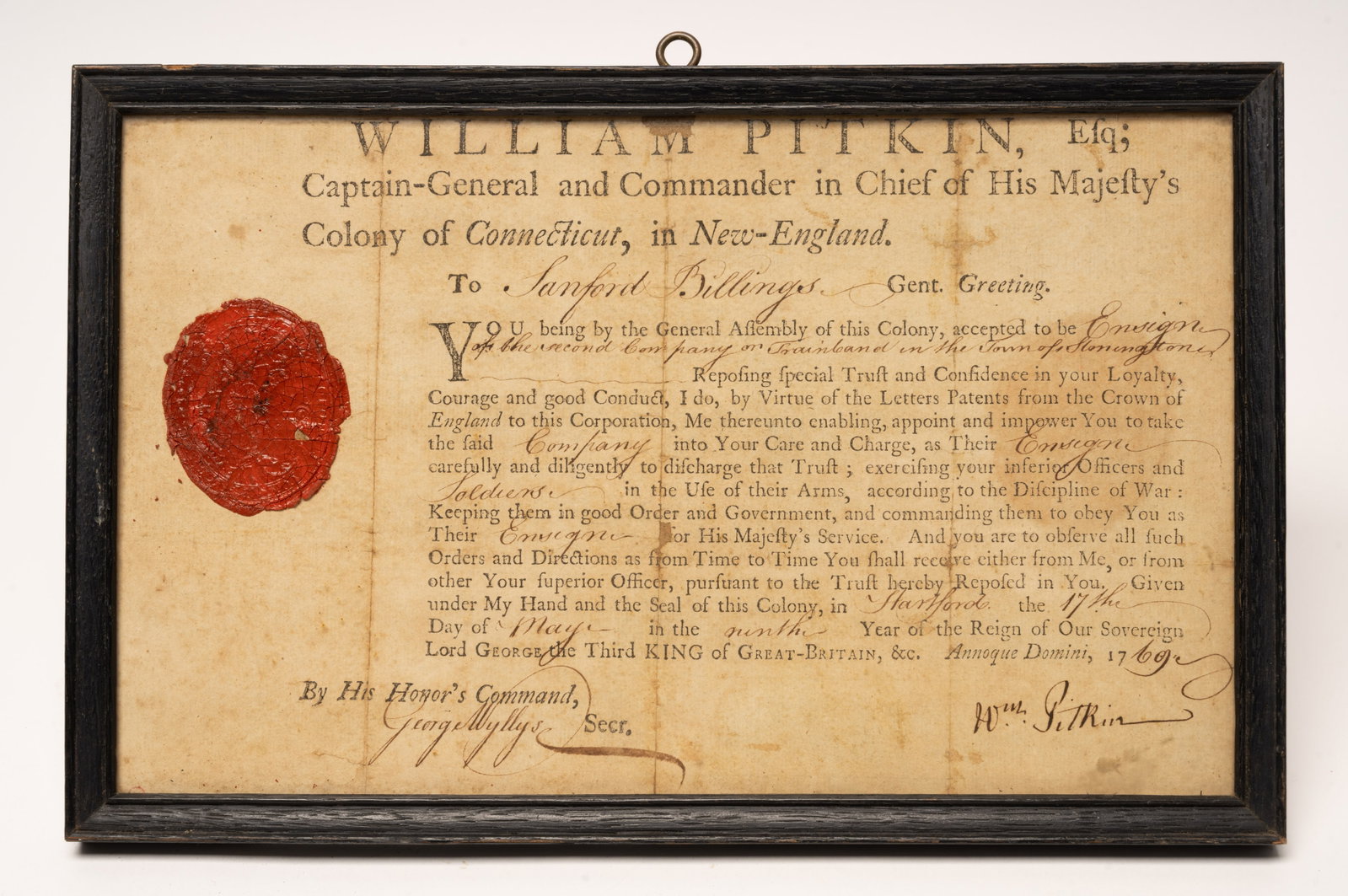 1769 Connecticut Colonial Military Commission Signed by Governor William Pitkin w/ Original Red Wax: a Rare Pre Revolutionary Colony American Militaria Commission Dated May 17 1769 Personally Hand Autographed by William Pitkin ( 1694 ? 1769 ) Captain General and Commander in Chief of His Majesty'S Co