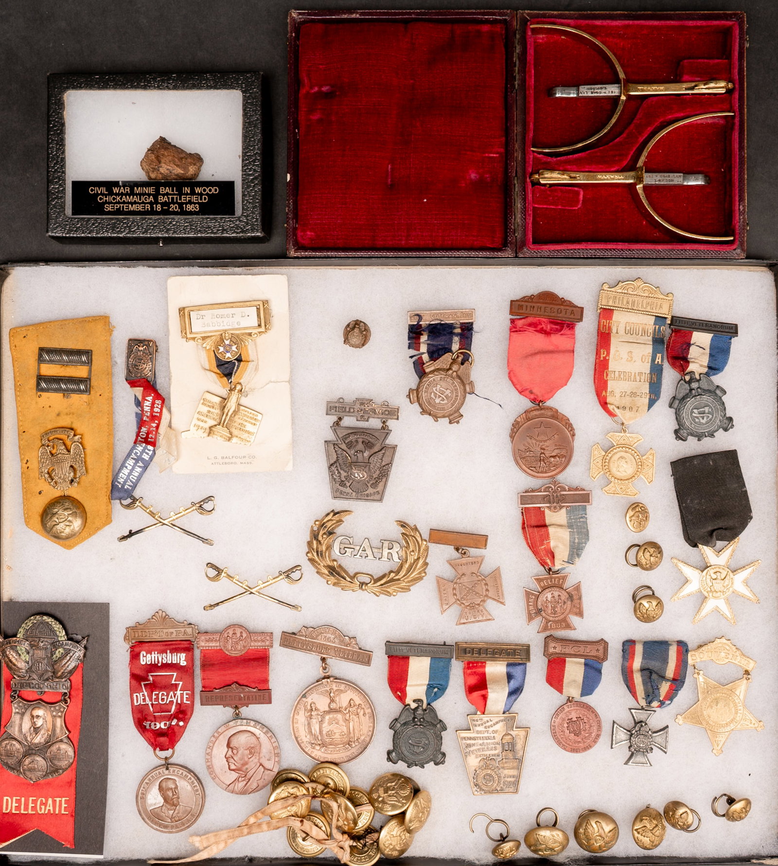 Lg. Grand Army of the Republic GAR Civil War Veteran Reunion Medal Badge Spur Button Collection: Large Collection Featuring a Pair of Early Brass Riding Spurs Together with Grand Army of the Republic G.a.R. Sons of Union Veterans Women'S Relief Corps National Encampment Delegate Representative an