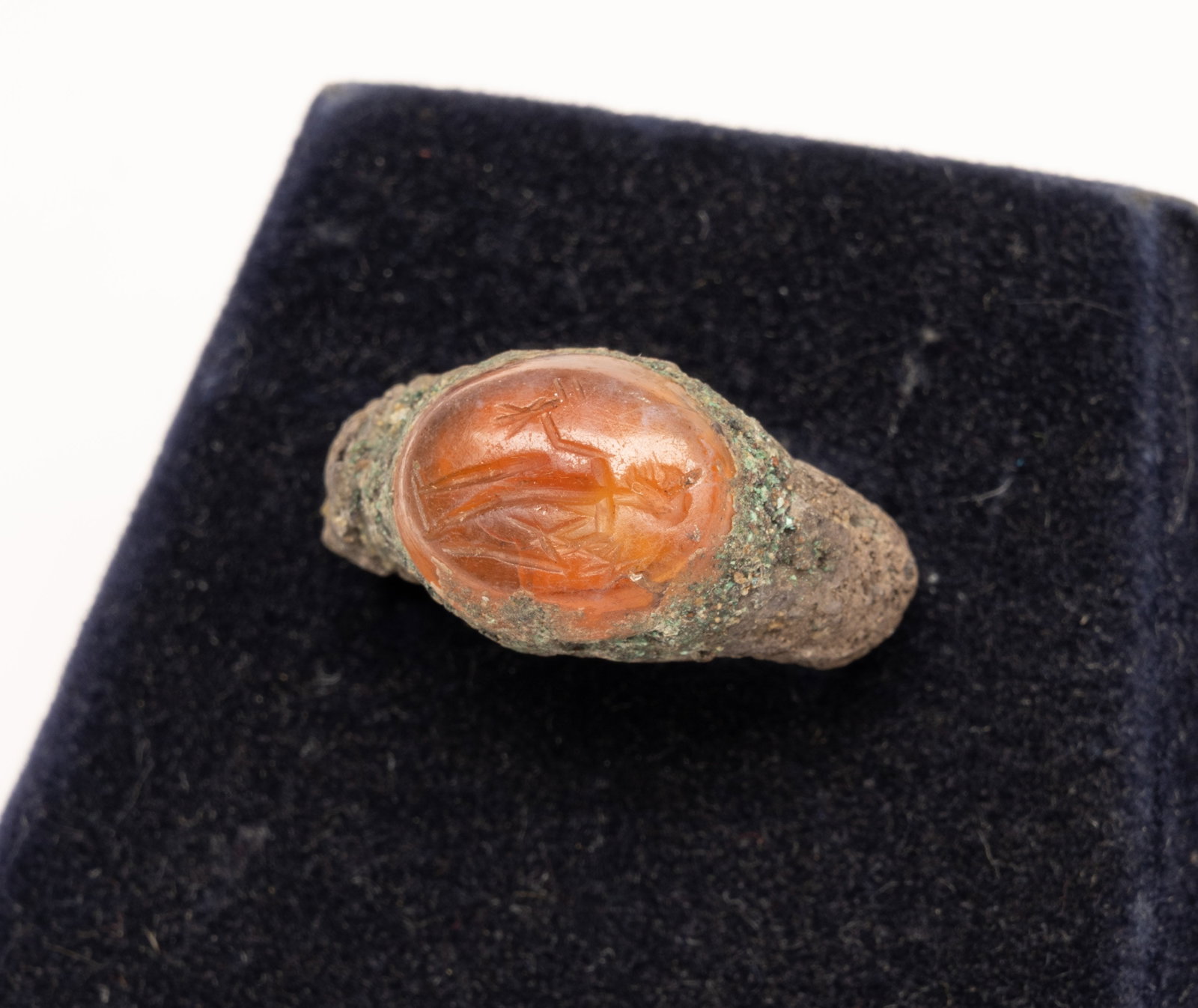 Roman Silver & Carnelian Mercury Intaglio Ring 1st - 3rd Century A.D.: Ancient Roman Empire Silver & Carnelian Intaglio Signet Ring Depicting Mercury with Marsupium & Caduceus Circa 1St - 3Rd Century AD Features a Thick Tapering Hoop Broadening at the Shoulders to Form a