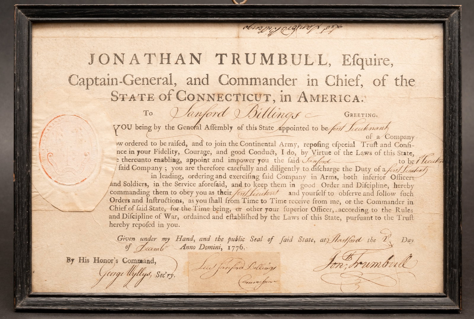 1776 Revolutionary War Continental Army Commission Signed by Jonathan Trumbull: Rare 1776 Revolutionary War Military Continental Army Commission Signed by Governor Jonathan Trumbull Esq Captain General and Commander in Chief of the State of Connecticut in America Dated December
