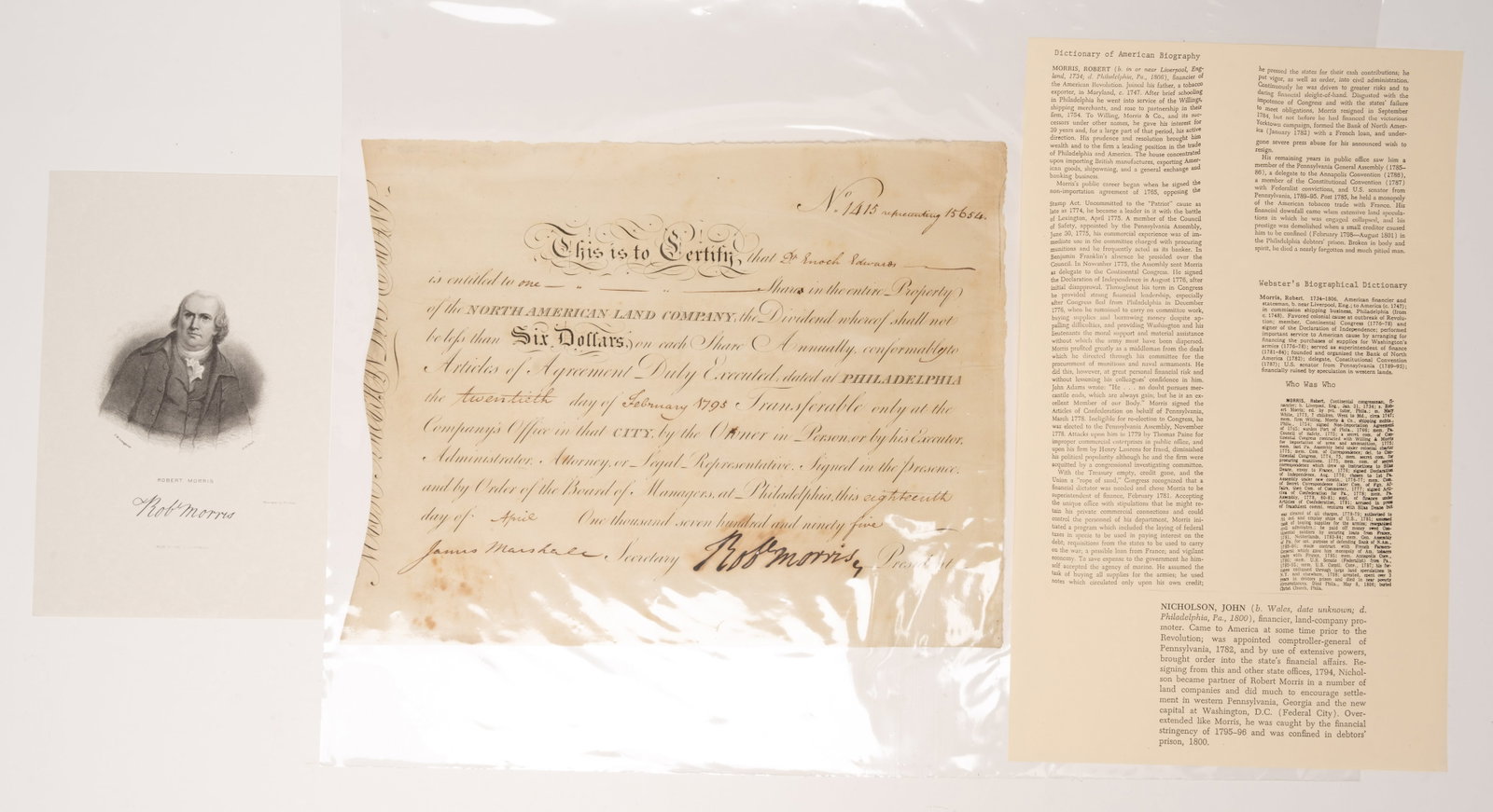 1795 North American Land Company Stock Certificate Signed by Founding Father Robert Morris: an Exceptional Piece of Early American Financial and Revolutionary History this 1795 North American Land Company Stock Certificate is Personally Signed by Robert Morris ( 1734 ? 1806 ) Founding
