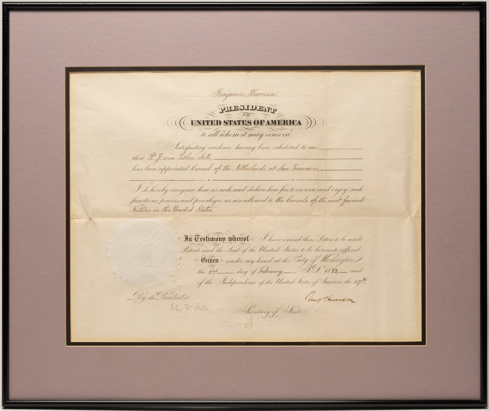 Benjamin Harrison Signed 1893 Diplomatic Appointment to Dutch Consul P Justus Van Loben Sels: a Significant Presidential Diplomatic Appointment Personally Autographed by Benjamin Harrison 23Rd President of the United States this Official 1893 Consular Commission Documents American Foreign
