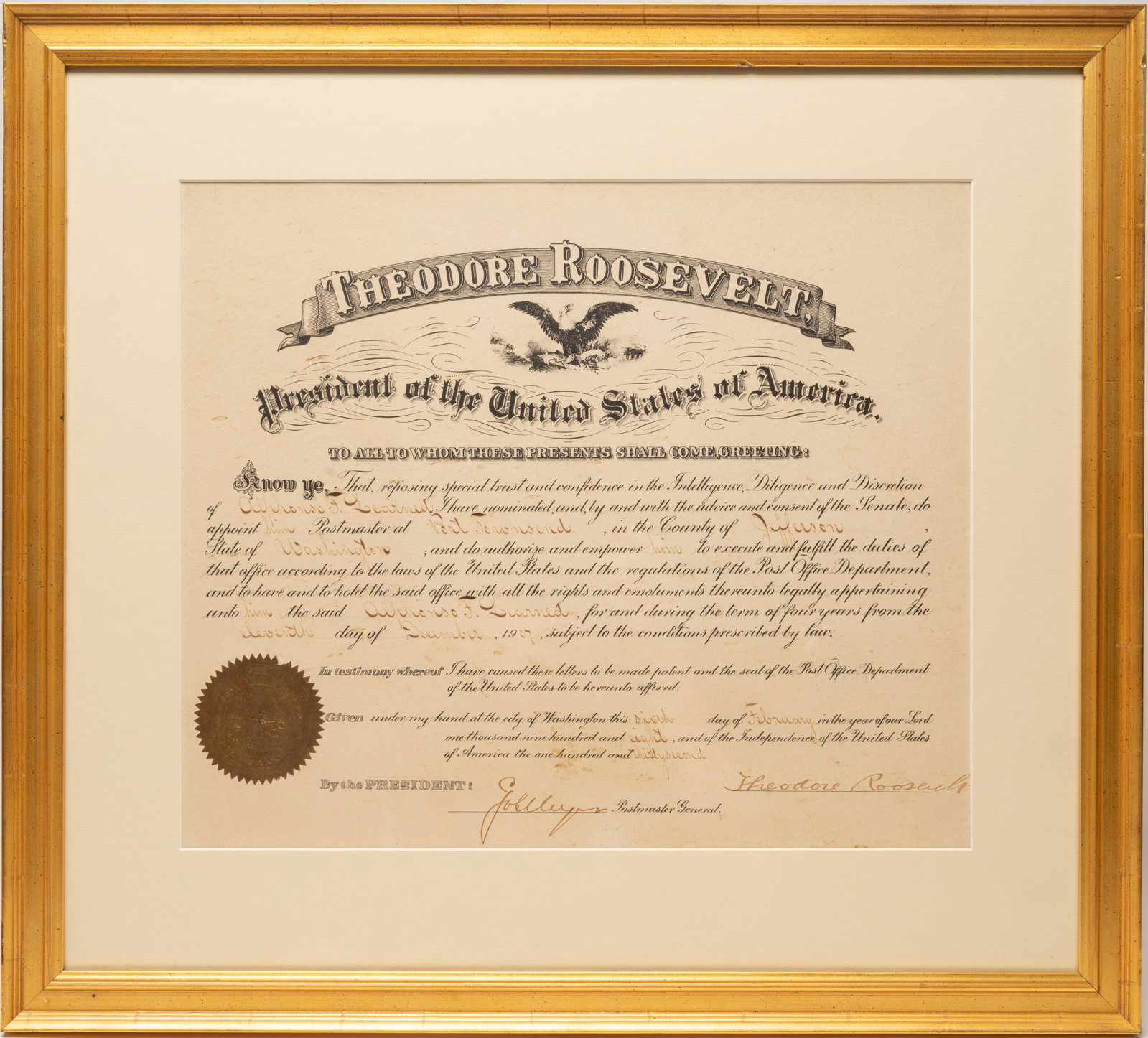 Theodore Roosevelt Hand Signed 1908 Presidential Postmaster Appointment of Alphonso F Learned (1 of 7)