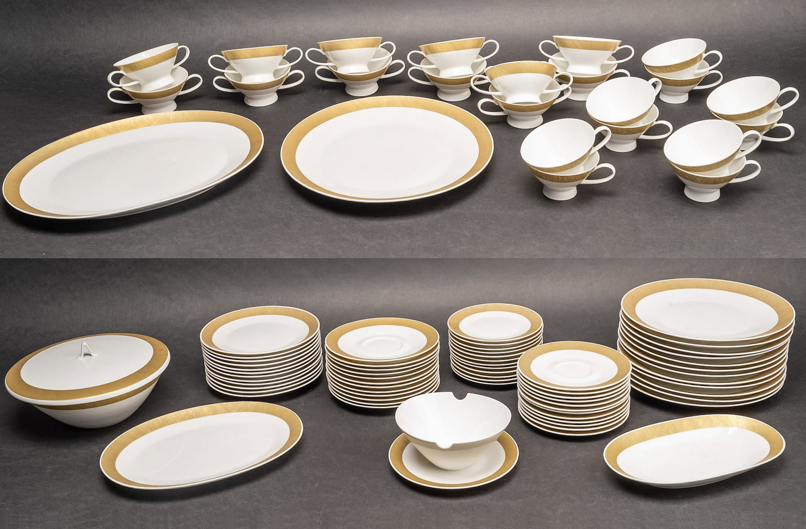 Rosenthal Germany Mid Century Modern Gold Encrusted Crosshatched Porcelain China Service for 12: Rosenthal Germany Mid Century Modernist Gold Crosshatched Pattern China Dinner Service for 12 Including 104 Pieces Crafted from Premium German Porcelain Discontinued Line Featuring a Refined Mid