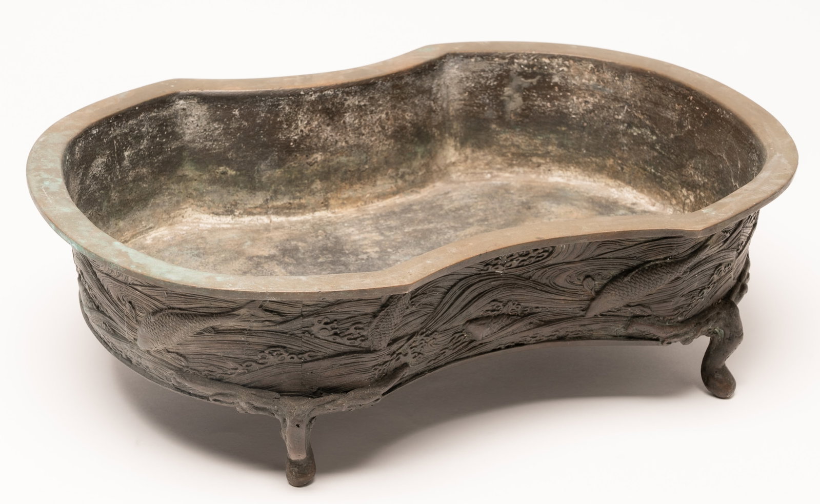 Lg. Chinese Bronze Bonsai Censor Planter w/ Sculptural Koi Fish & Coastal Waves Relief: Large Chinese or Japanese Bronze Bonsai Planter with Sculptural Koi Fish & Coastal Waves Relief Suiban / Ikebana Basin Jardiniere Planter Cast with a Rich Variegated Verdigris Brown and Olive Green