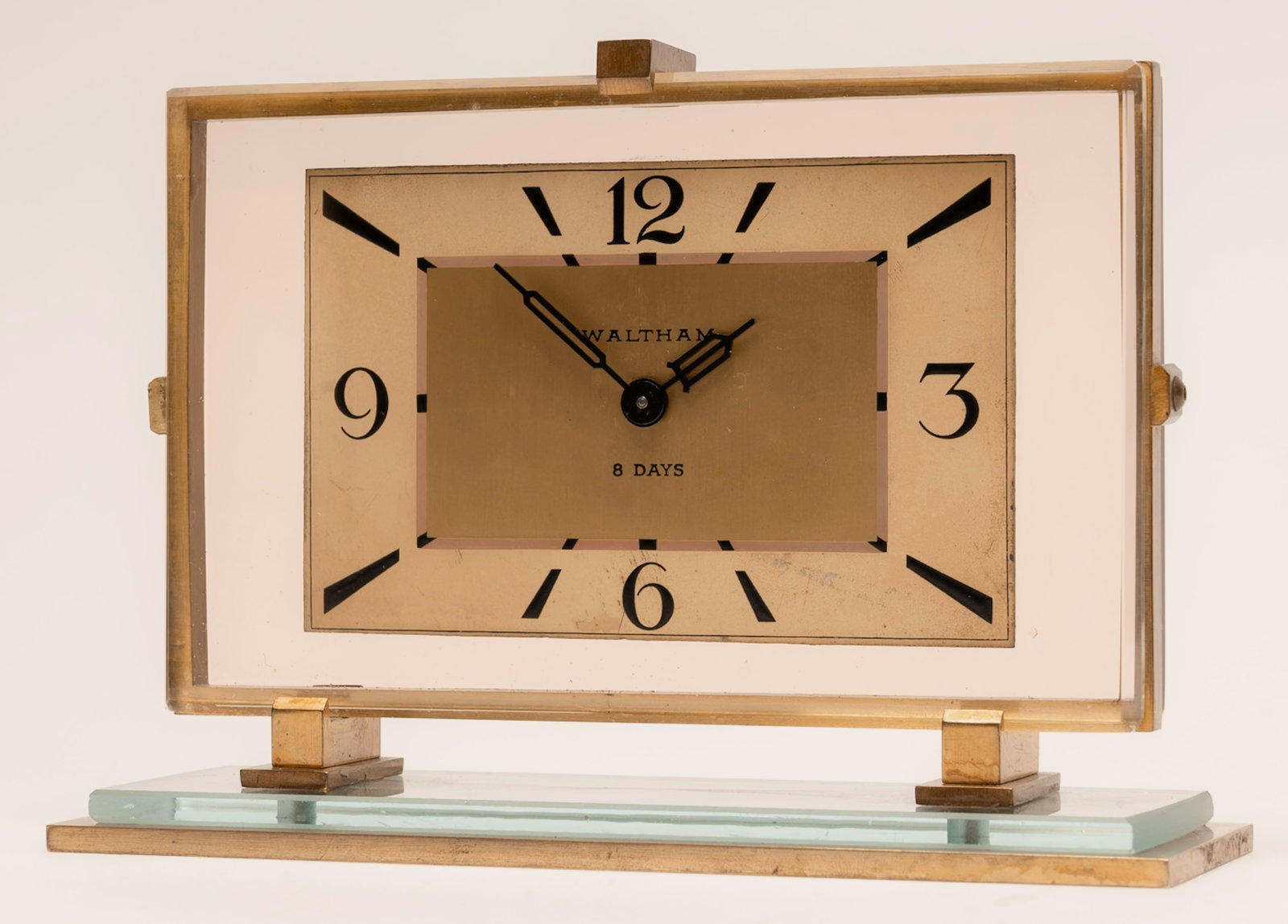 Crystal Bent Fyrart Waltham 1930s Art Deco Red Stepped Glass & Bronze 8 Day Clock (1 of 7)