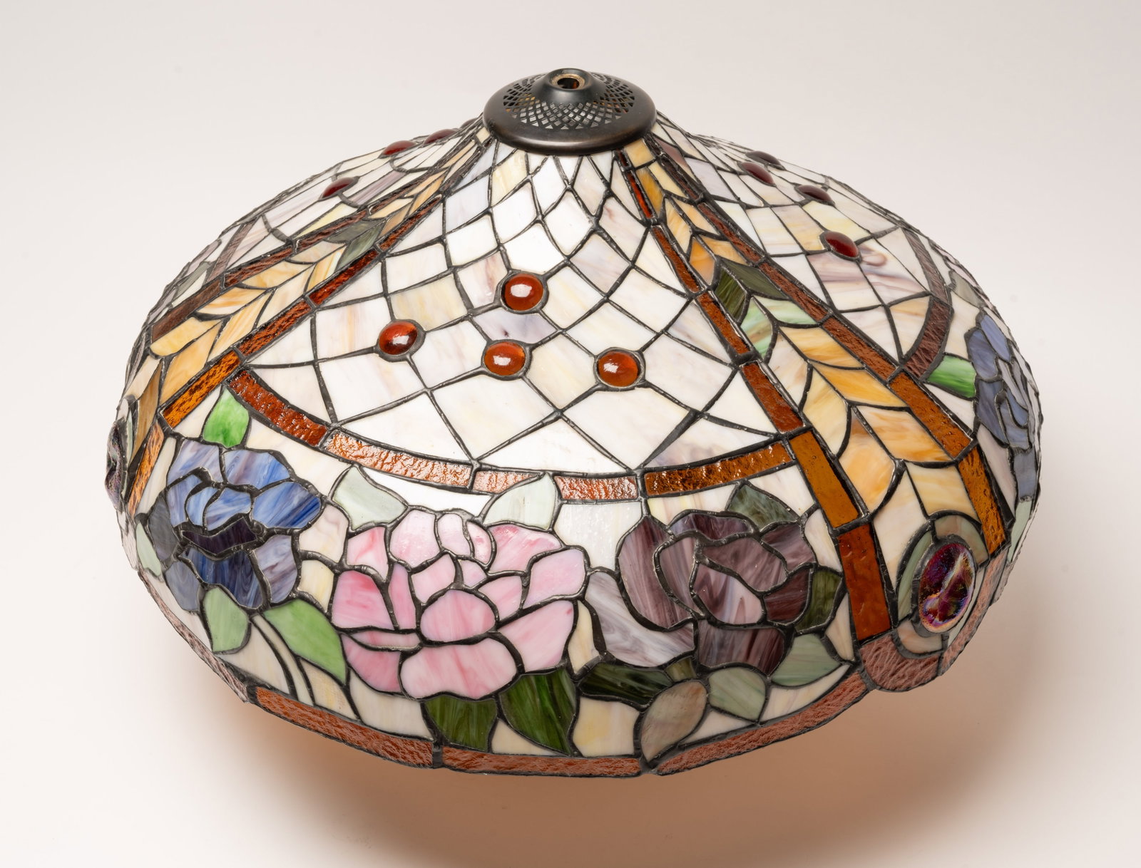 Art & Craft Tiffany Studio Stained Glass Lamp Shade: Arts and Crafts Mission Tiffanys Studio Style Stained Leaded Slag Glass Large Lamp Shade Hand Cut Mosaic Pieces Vibrant Color Blue Purple Pink Green Floral Flowers Roses Motif Against a Beige Backgrou