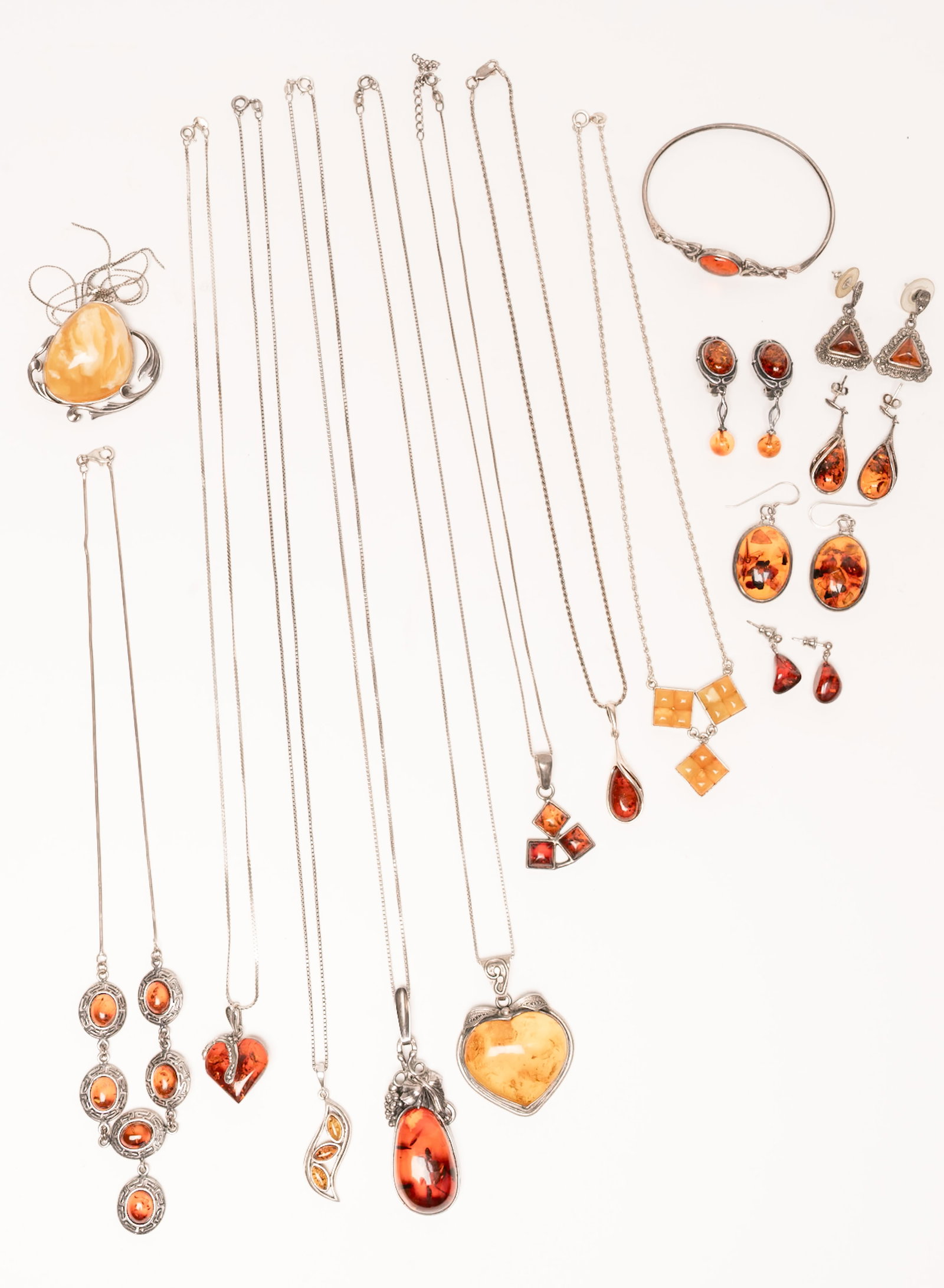 Large Amber Sterling Silver Jewelry Collection: Large Natural Amber Sterling Silver Jewelry Collection Cognac Honey Butterscotch Egg Yolk Amber Gemstones Including Necklaces Bracelet Earrings Pairs in Various Styles Art Deco Nouveau Danish ? Mid Ce