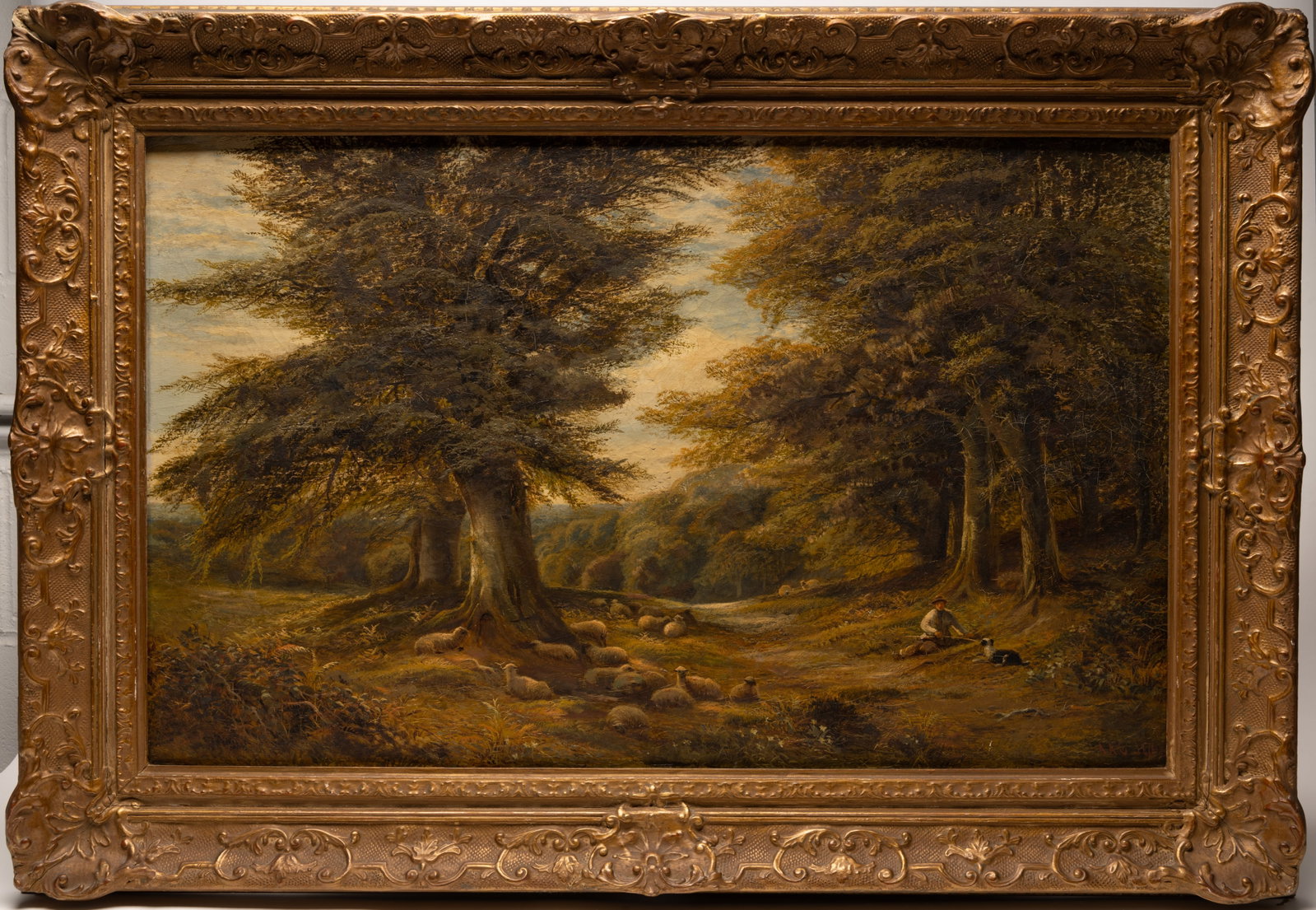 Alfred Augustus Glendening Sr ( British 1840 - 1910) " View in Cobham Park" 1871 Oil on Canvas: Alfred Augustus Glendening Sr ( England 1840 - 1910 ) " View in Cobham Park No3 " Large Scale Oil on Canvas Painting Executed in 1871 Capturing the Luminous Sun-Drenched Beauty of Historic Cobham Park