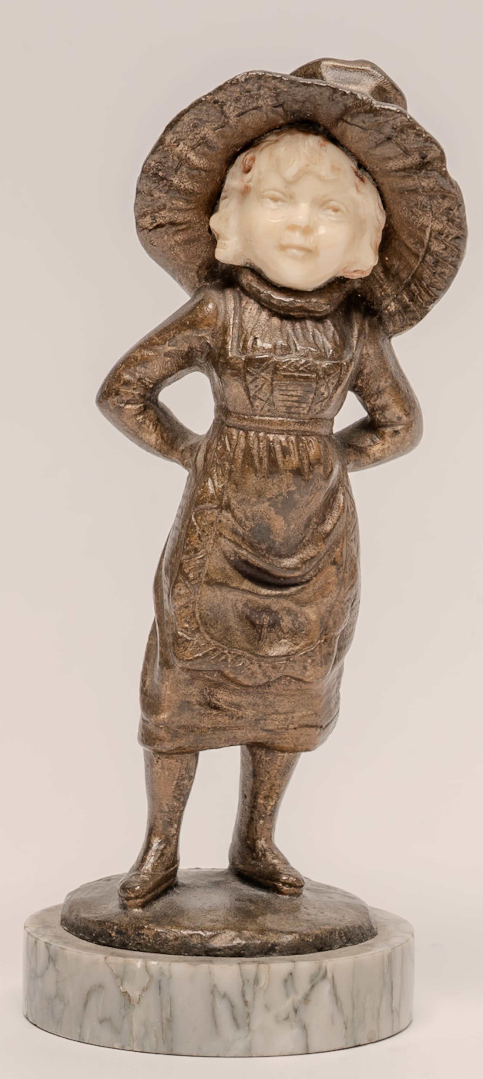 Georges Omerth ( French 1895-1925) Bronze Sculpture: Georges Omerth ( France 1895 - 1925 ) Young Girl Bronze Fgure Chryselephantine Statue Signed Marble Base 6" H 2 1/2" D Intricately Hand Carved Bone Face Art Deco Bronze Figure in Great Condition with 