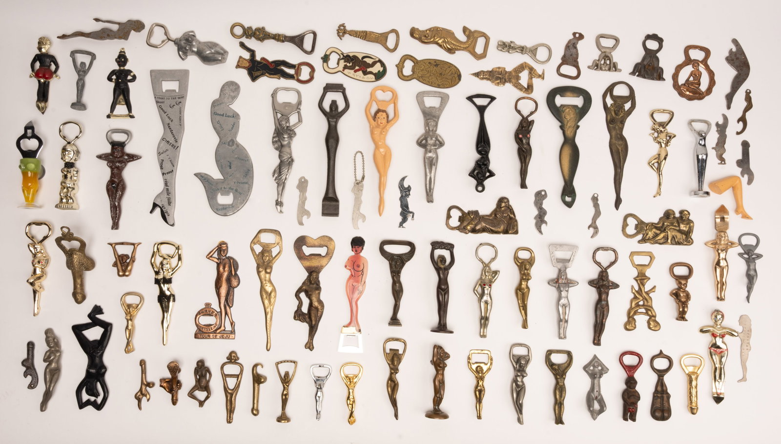 Erotic Bottle Opener Collection Artisan Barware 85pc: Erotic Figural Sculptural Bottles Openers Collection Artisan Barware Bronze in Various Styles and Shapes Art Deco Art Nouveau Frankart Style Mid Century Modern Depicting Erotic Karmasutra Scenes Nude 