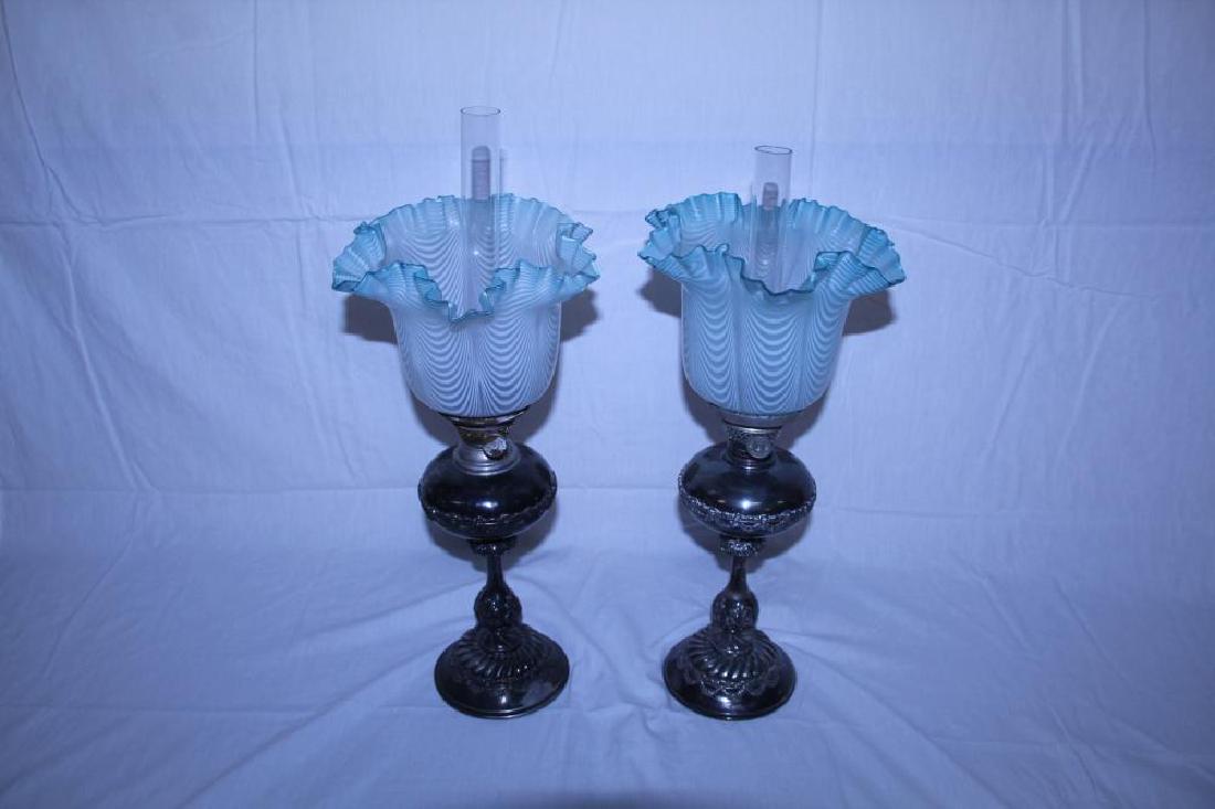 Beautiful pair of Victorian oil lamps with art glass (1 of 20)
