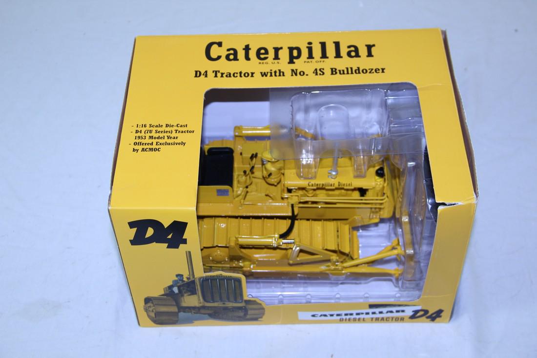 Caterpillar D4 Tractor with No. 4S Bulldozer: This comes with the original box and appears to be in great overall condition with no damage or repairs seen. 1:16 Scale die-cast, D4 (7U series) tractor, 1953 model year, offered exclusively by ACMOC