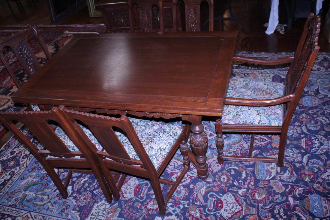 9pc Art Deco Dining Room Set: This beautiful set is in wonderful overall condition. Its has a beautiful draw leaf table that measures 40” W x 62” L with the leaves out it is 91” L. It has twisted turn legs nicely