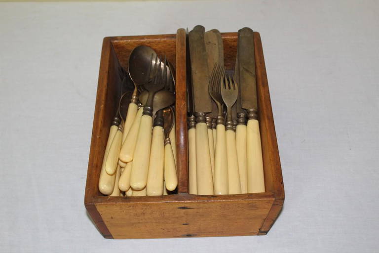 Vintage Knife Box With Yellow Handled Silverware