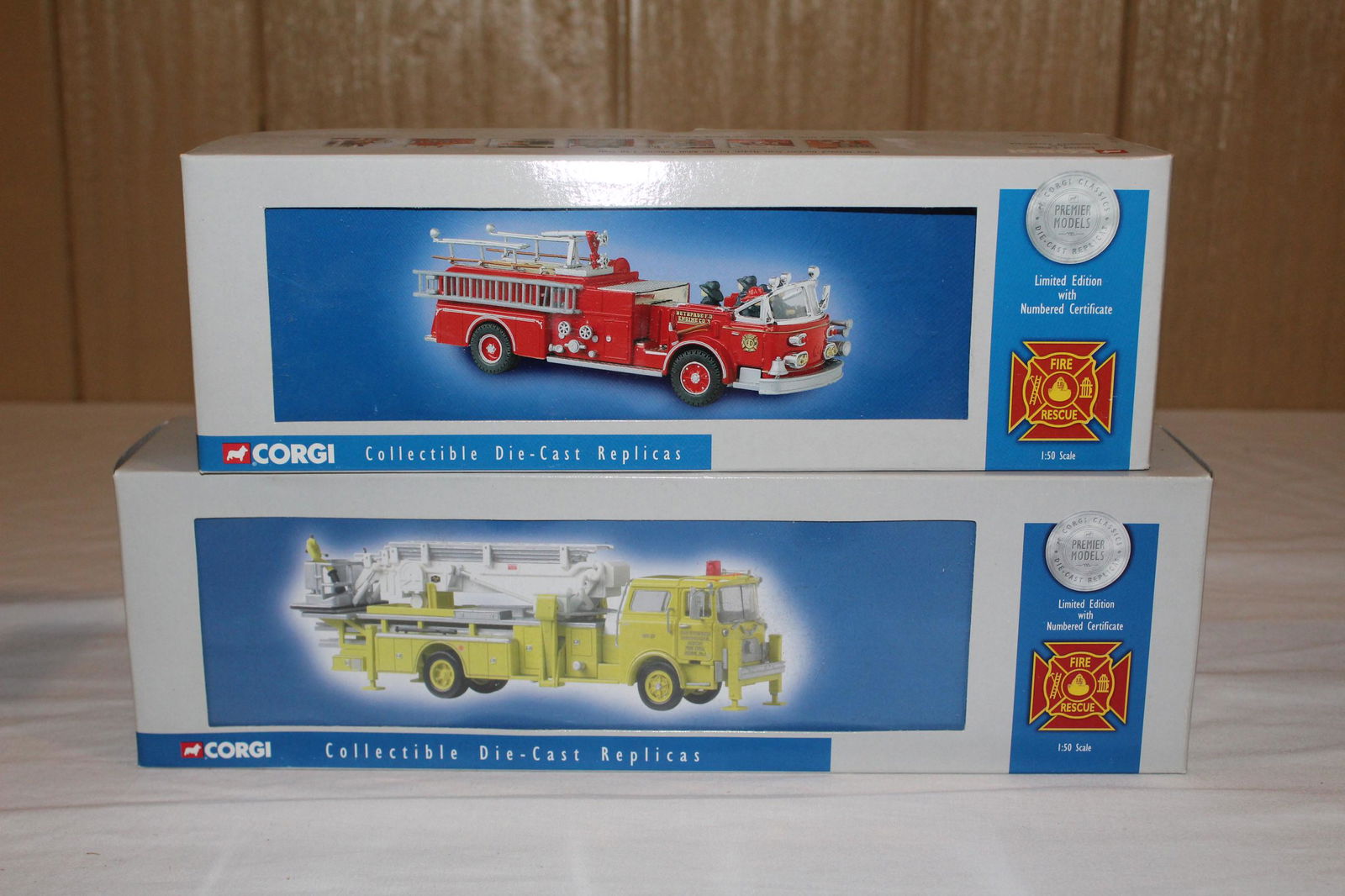 Lot of Corgi die cast replicas: This lot includes; item no. US53802 Mack CF tower ladder- San Francisco international airport fire dept. aerial no. 1- in original box and packaging-complete- 1:50 scale- appears in unused condition-