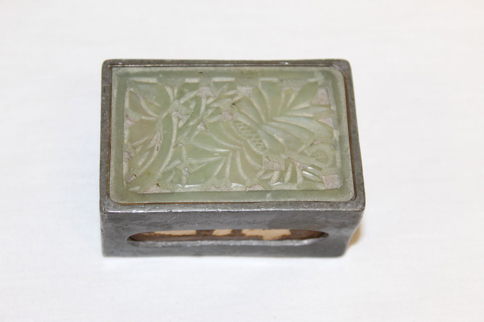 Chinese jade matchbox: This early matchbox measures 2.25in x 1.75in overall. Has a metal base with some decoration and beautiful jade top. Marked China on one end and I would guess dates from 1910. no damage or repairs seen