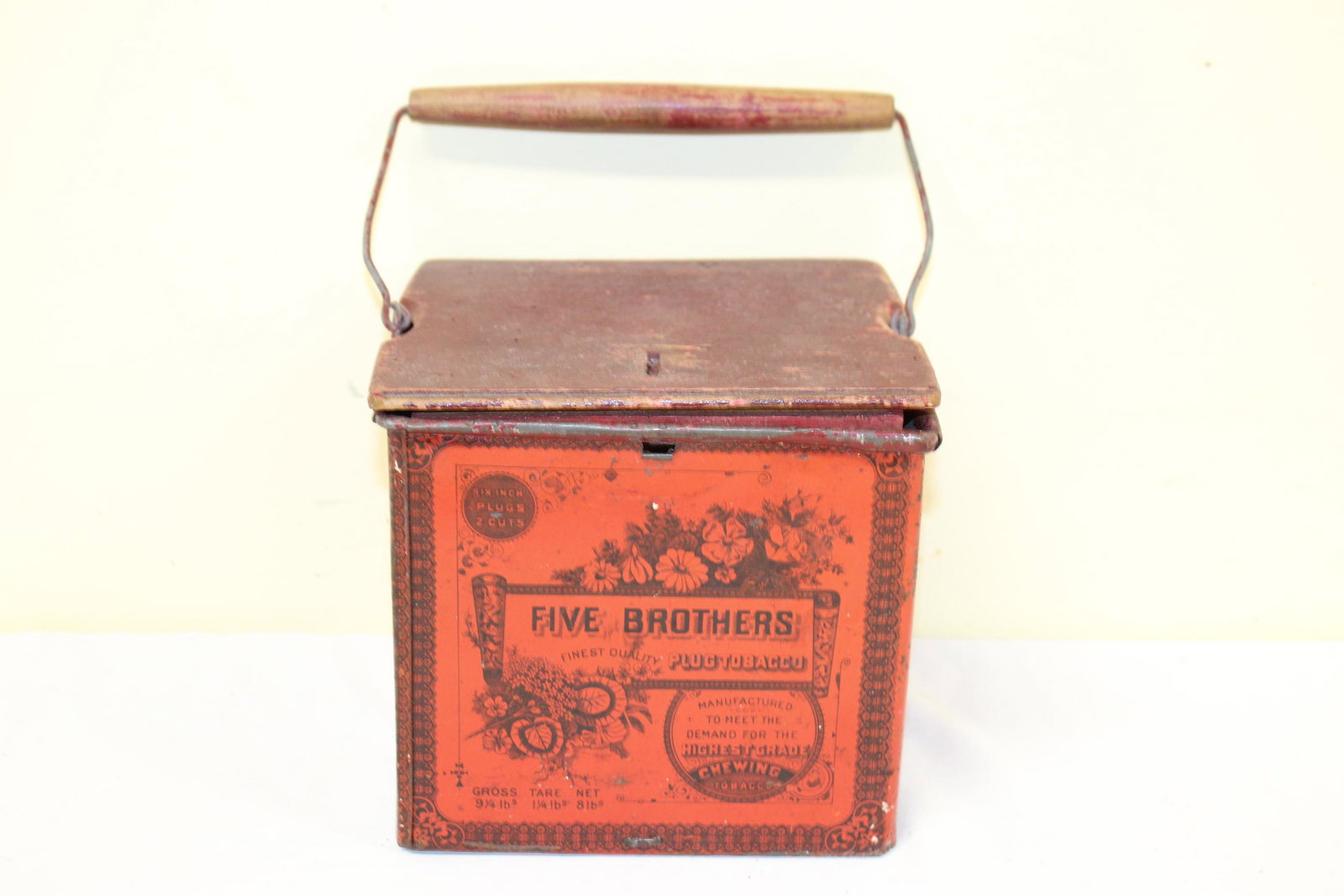 Vintage John Finzer & Bros Tobacco tin: This nice tin is advertising John Finzer & Bros The American Tobacco Co. Successor. Beautiful red advertising tin. Manufactured by registered factory no. 27. This has a wooden cover and wire bail hand
