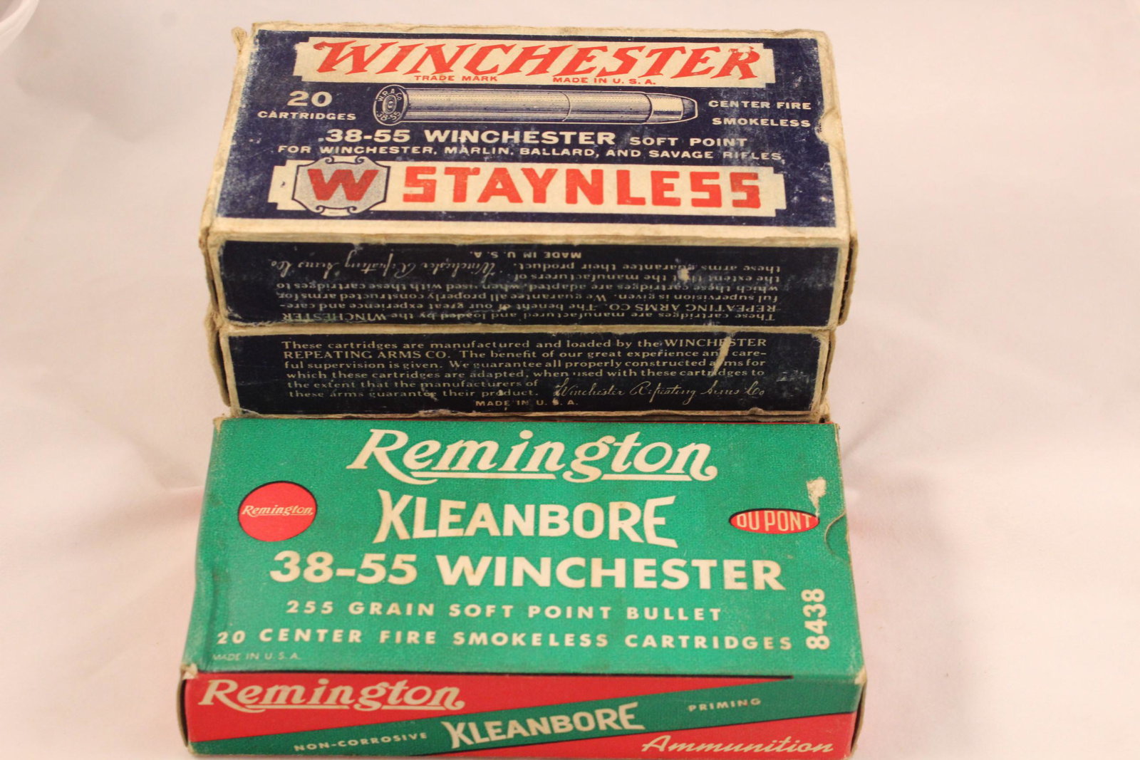 Lot of Four Boxes of Winchester and Remington 38-55: This lot includes three boxes, 20 center fire smokeless cartridges each, of Winchester .38-55 soft point, made for Winchester, Marlin, Ballard, and Savage Rifles. It also contains one box of Remington