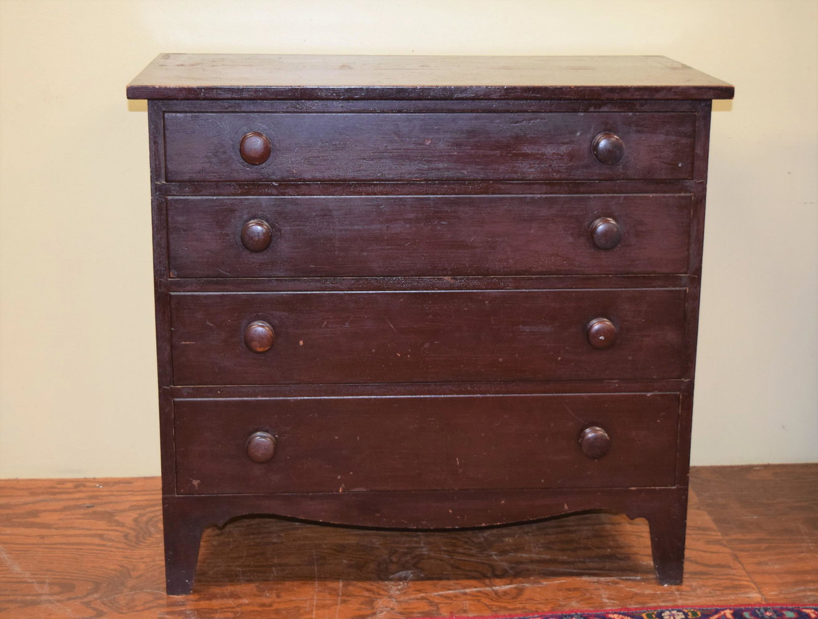 Country Hepplewhite Four Drawer Chest: Country Hepplewhite Four Drawer Chest in Old Surface, All Dovetail Construction; some knicks and surface scratches but great overall condition. Measuring 38.25 wide X 20 inches deep on top and 35.25 i