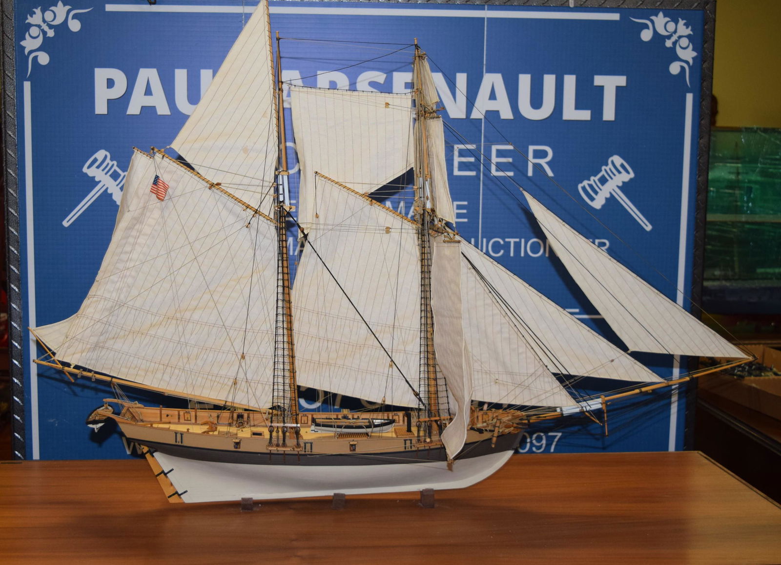 Model of Lynx 1812 Ship with Case: Beautiful Model Ship of the "Lynx" Privateer Schooner Built by Fells Point Yards Baltimore, Completed July 14 1812 in case. Measurements are as follows: Base is 49.5 inches long X 23 inches wide, Sail