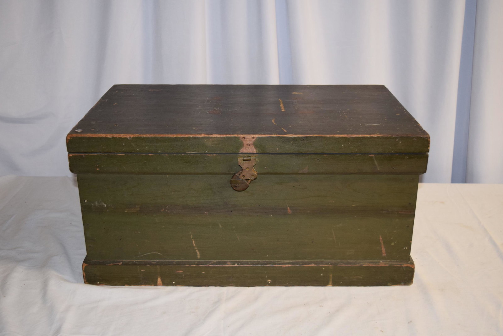 Green Painted Tool Box: Green Painted Tool Box with old nails and brass accents. Does have a small vintage lock on front with out the key and for that reason the screws were taken out of the hinge on front to be able to open
