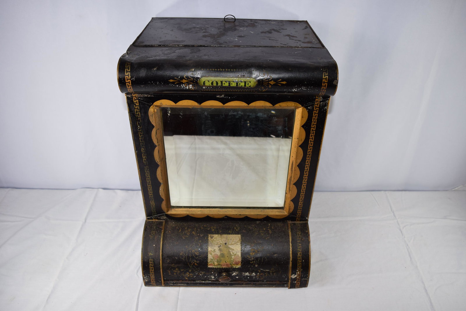 Antique Tin Tole Coffee Box With Mirror: This nice early tin tole box reads Coffee on the front and is all stenciled beautifully. The front door at the base is stenciled with a deer as well. There is slight denting at the top left corner run