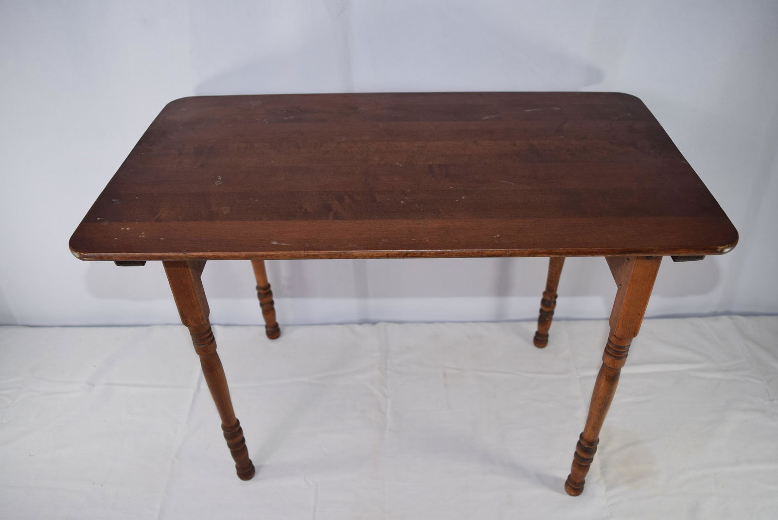 Antique Paris MFG Child Size Sewing Table: Early 1900's Primitive Antique Paris MFG Child Size Wooden Folding Sewing Table; table legs fold and lock in place as should, measures 24 inches long X 14 inches wide X 15.5 inches tall overall, Stamp