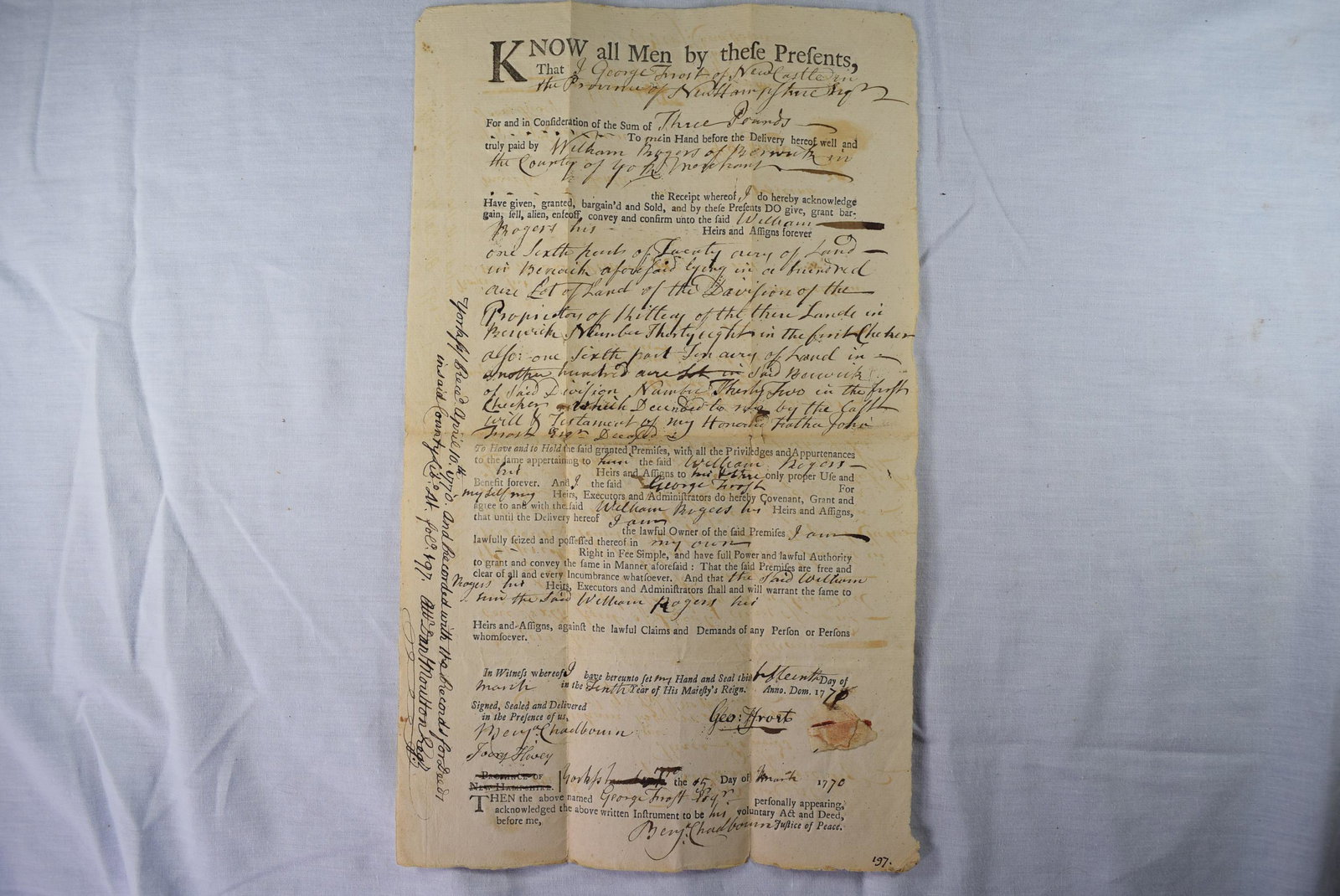 Dated 1770 Deed Document: This early deed is labeled: George Frosts Deed to William Rogers, April 10th, 1770. This was signed by the justice of the peace, last name Chadbourn. This document is in great overall condition for ag