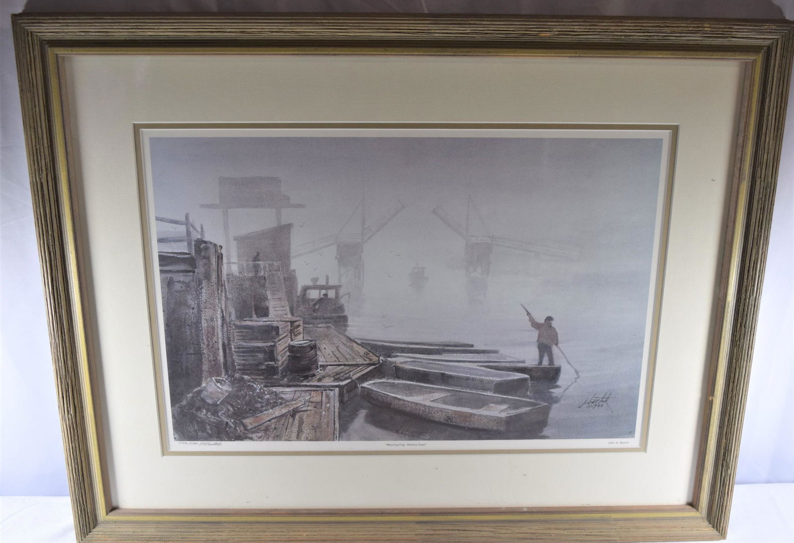 "Morning Fog - Perkins Cover" Print Signed John Bartok: This nice framed print is titled Morning Fog - Perkins Cove, numbered 236/500 and signed by artist John A. Bartok. This is framed by The Framers Workshop, Wells, Maine. Includes information sheet abou