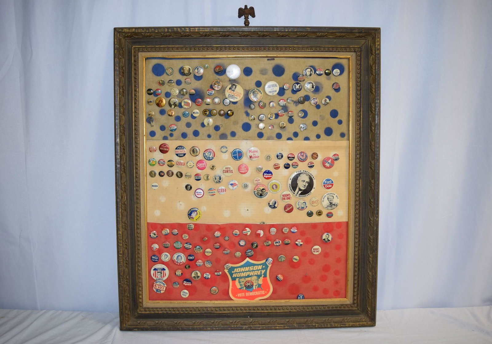 Frame Vintage Political Pin Lot: This frame features many different pins of assorted sizes. I will list some, if you need more photos or detail feel free to reach out. Some pins included: Roosevelt, Smith, Reagan, Taft and Sherman, D