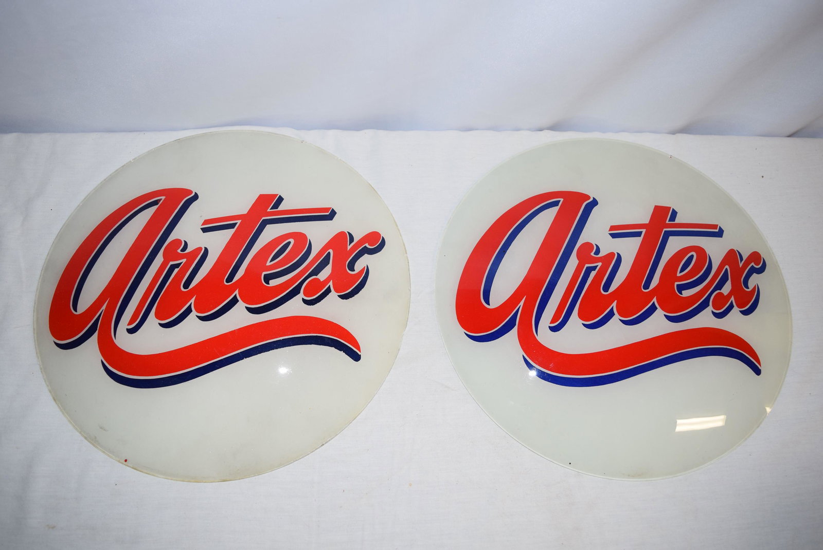 Original Artec Gas Pump Globe AD Glass: Original pair Artec gas pump globe AD glass in excellent condition. Circa 1930s. Measure 13.5in R overall. Minor paint loss around the edges, mentioned for clarity. No damage or repairs seen. Great vi