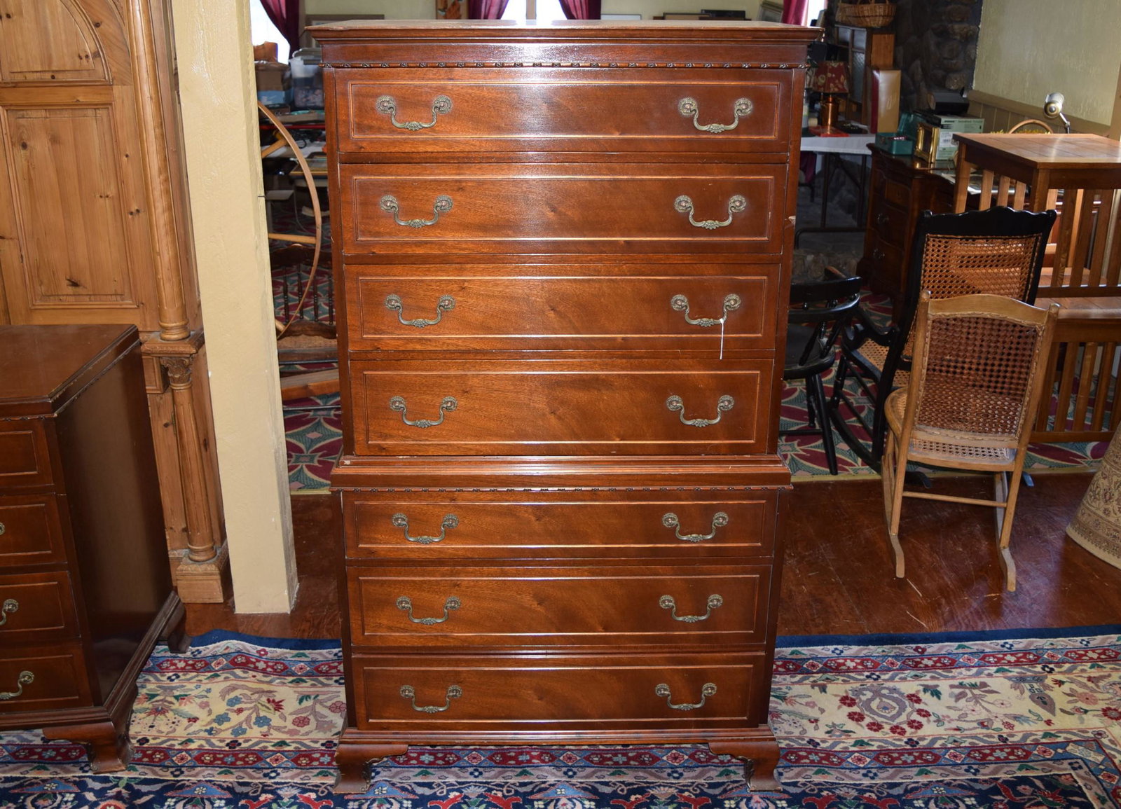 Vintage Mahogany Rway Chest on Chest: Vintage Rway MAH chest on chest measures 63.75in T x 36.25in W x 21in D overall. Stamped on the inside of the drawer Rway. dovetail construction drawers. Features decorative trim and original brass pu