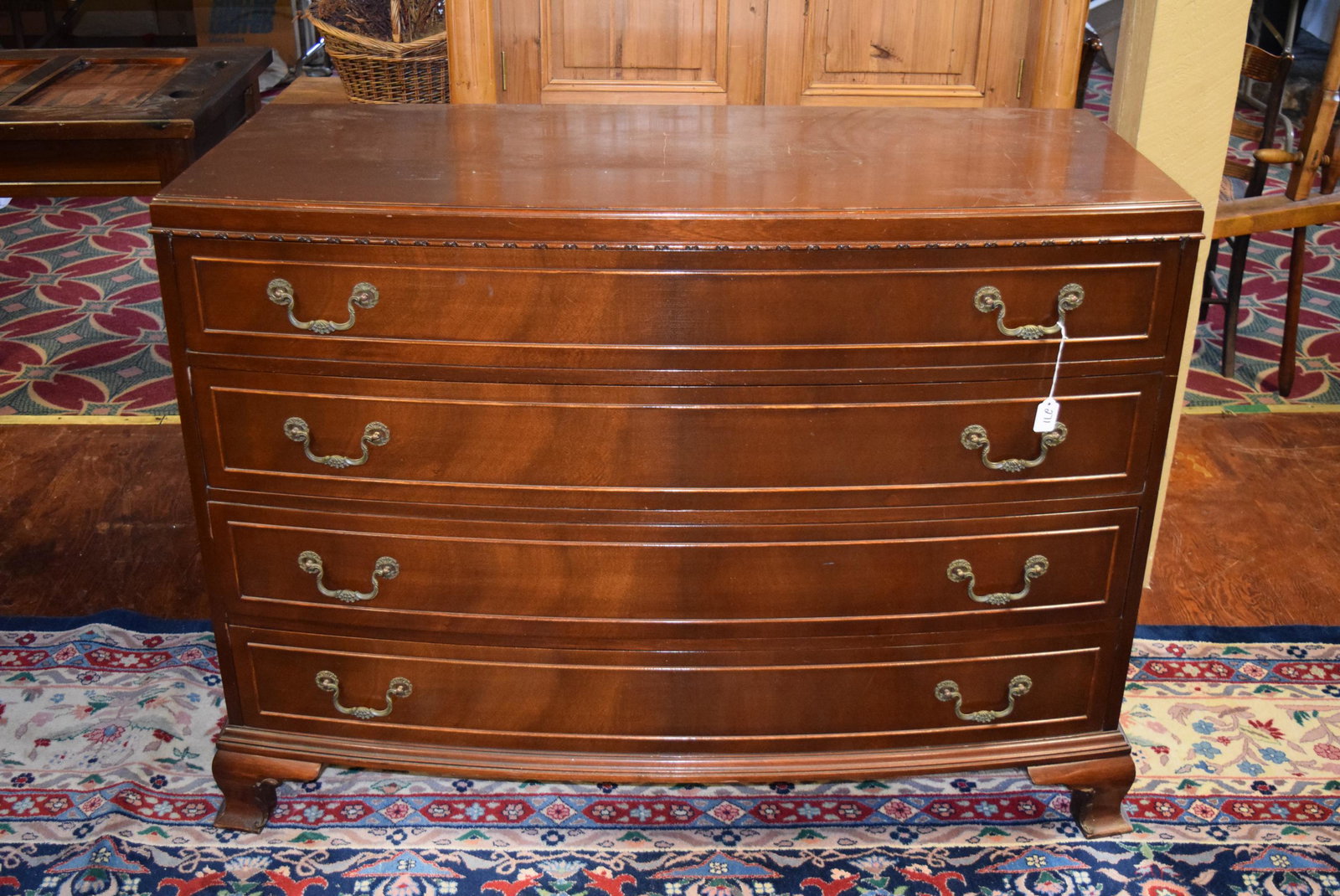 Vintage Mahogany Rway Bowfront Dresser and Mirror: MAH Rway dresser with mirror. The dresser is stamped Rway in the drawer, dovetail construction. Dresser measures 48in W x 22in D x 35.5in T overall. Some scratches and light handling ware. Features bo