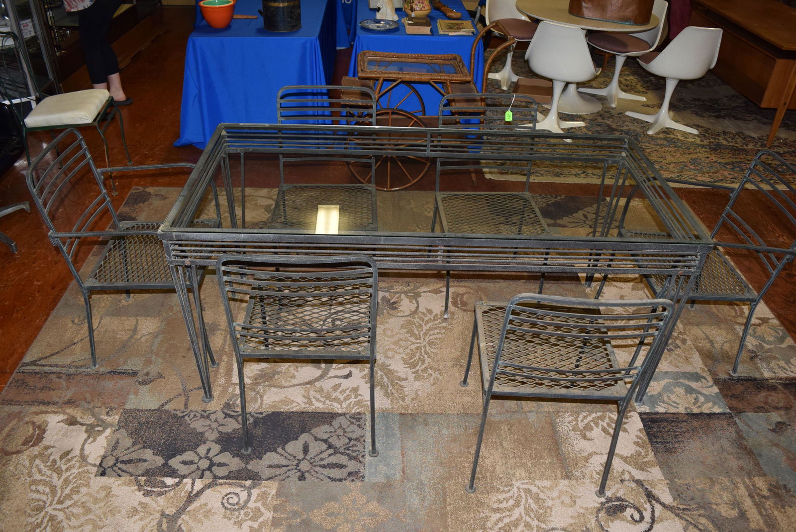 Vintage Iron Patio Table with Chairs: This set includes iron table with glass insert and 6 iron chairs. The table measures 32.25in W x 66in L x 29.5in T overall. The 6 chairs measure 32.5in T x 16in D x 17in W x 16in T floor to seat. All