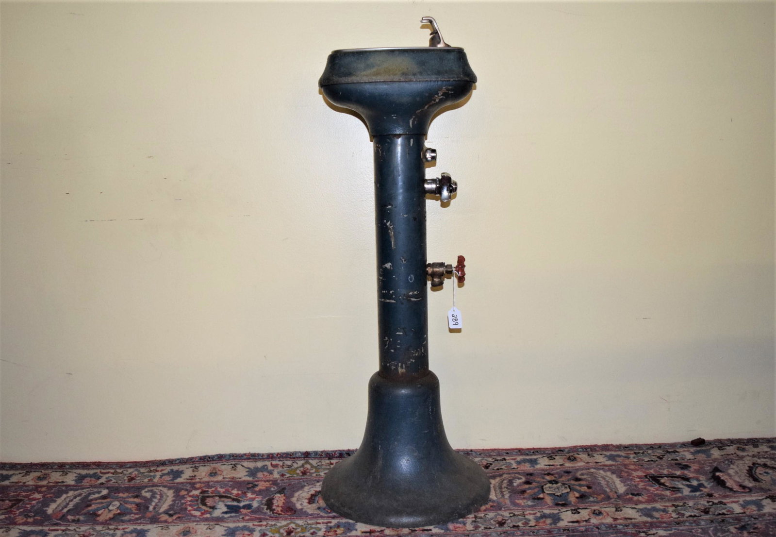 Vintage Halsey Taylor Cast Iron Pedestal Fountain: Vintage Halsey Taylor cast iron pedestal water fountain model No. 2520. Measures 38in T to top of water spout. Top section measures 10in x 6in overall. Painted blue, has some paint loss. Overall fount